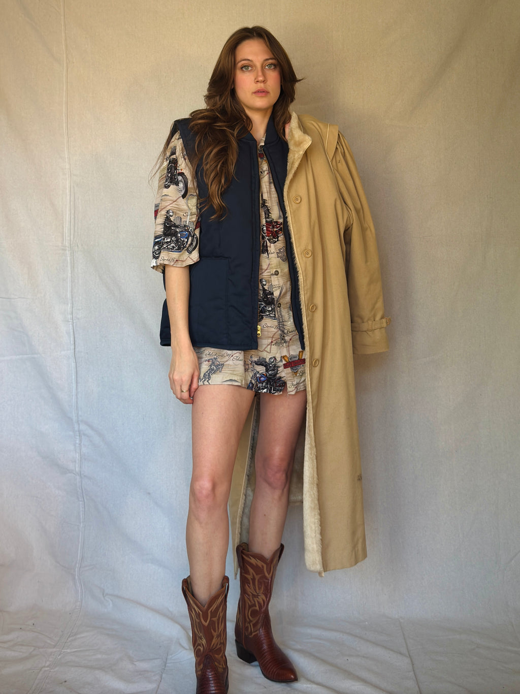 70s Tan Faux Shearling Trench Coat