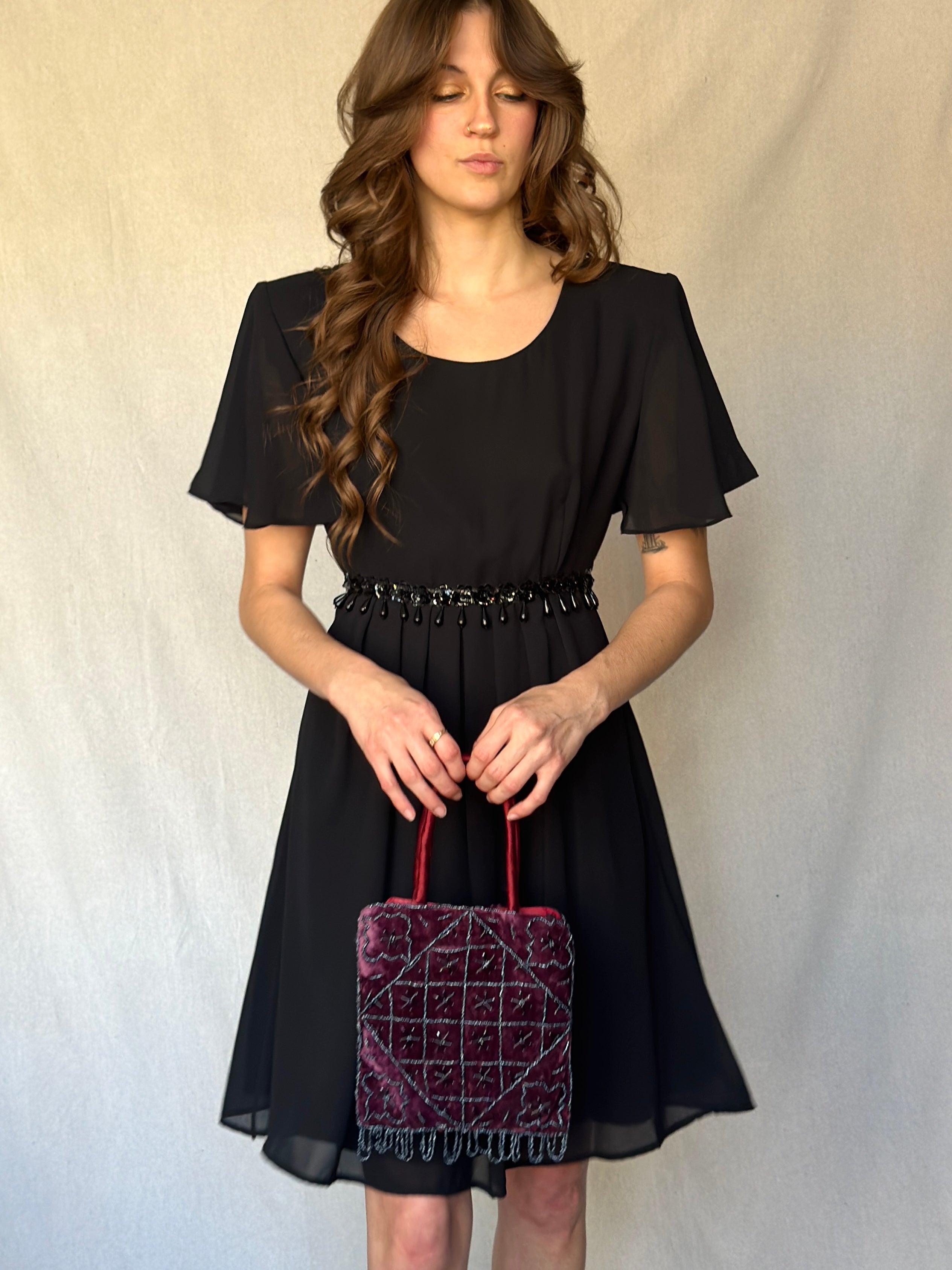 90s Mini Black Beaded Babydoll Dress