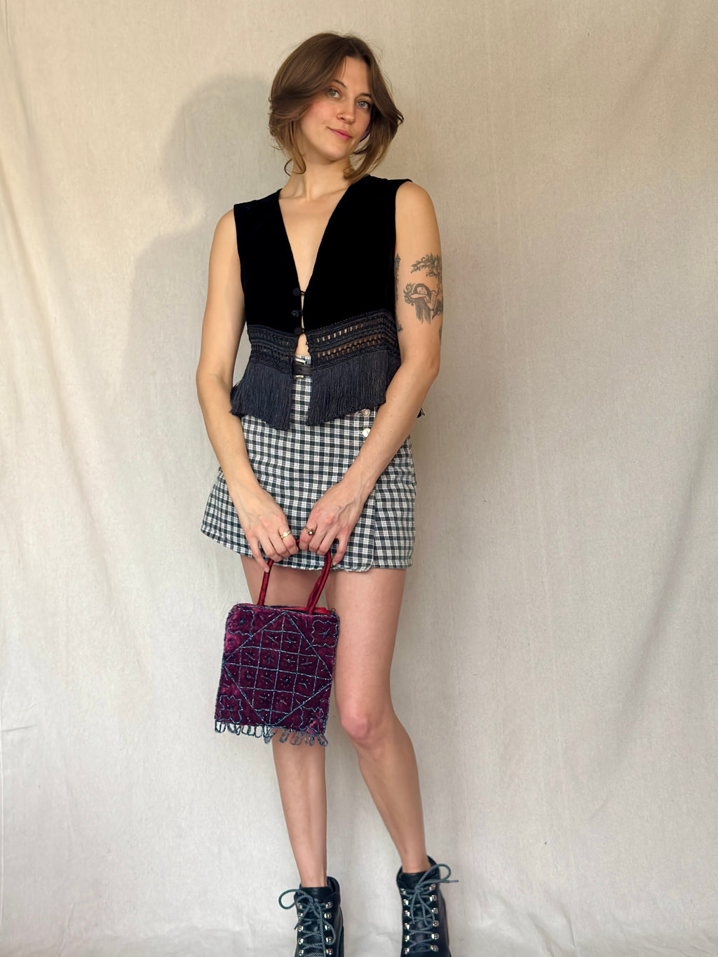 90s Black Velvet Fringe Vest Top