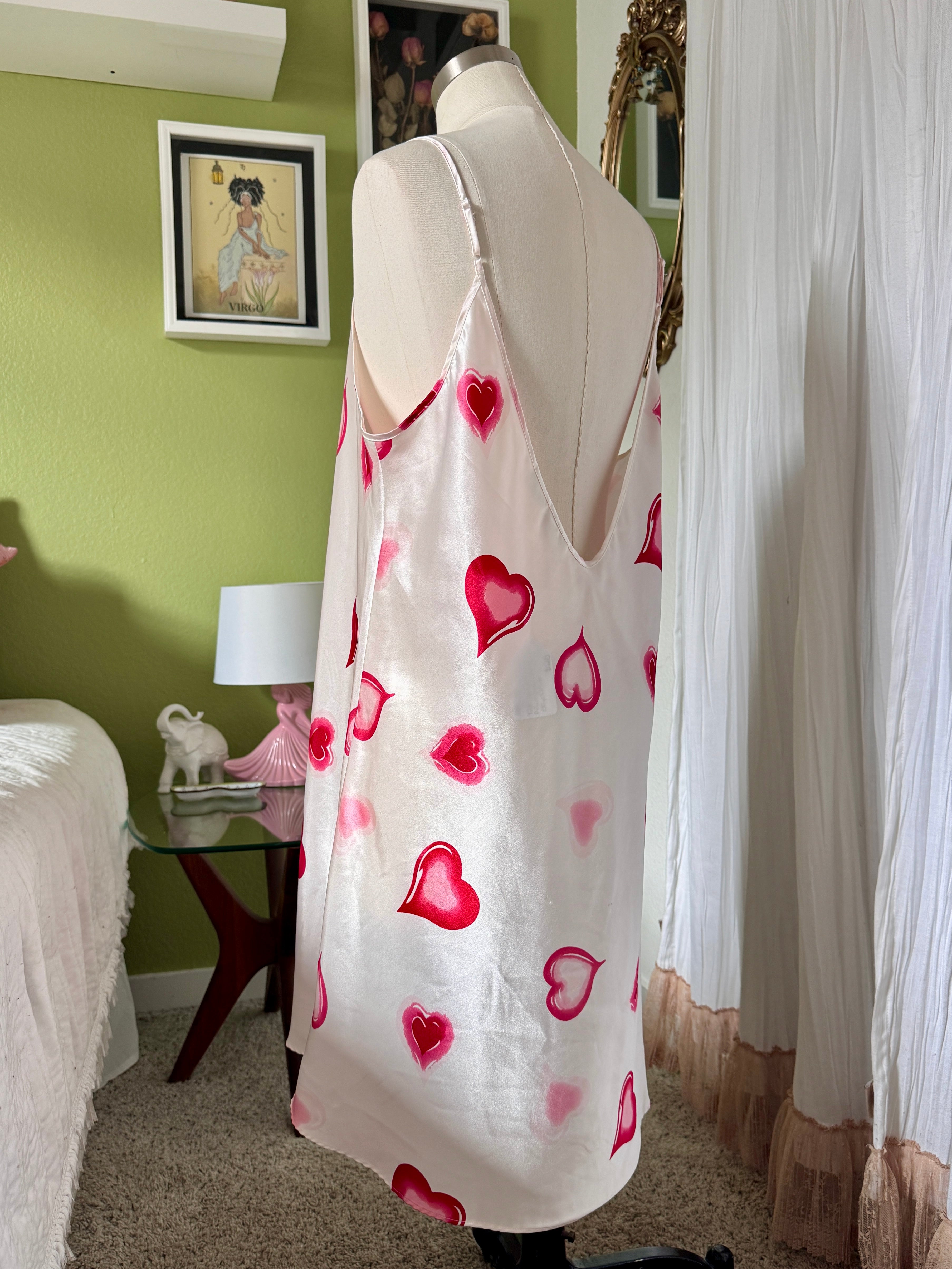 Y2K White Heart Print Satin Mini Slip Dress