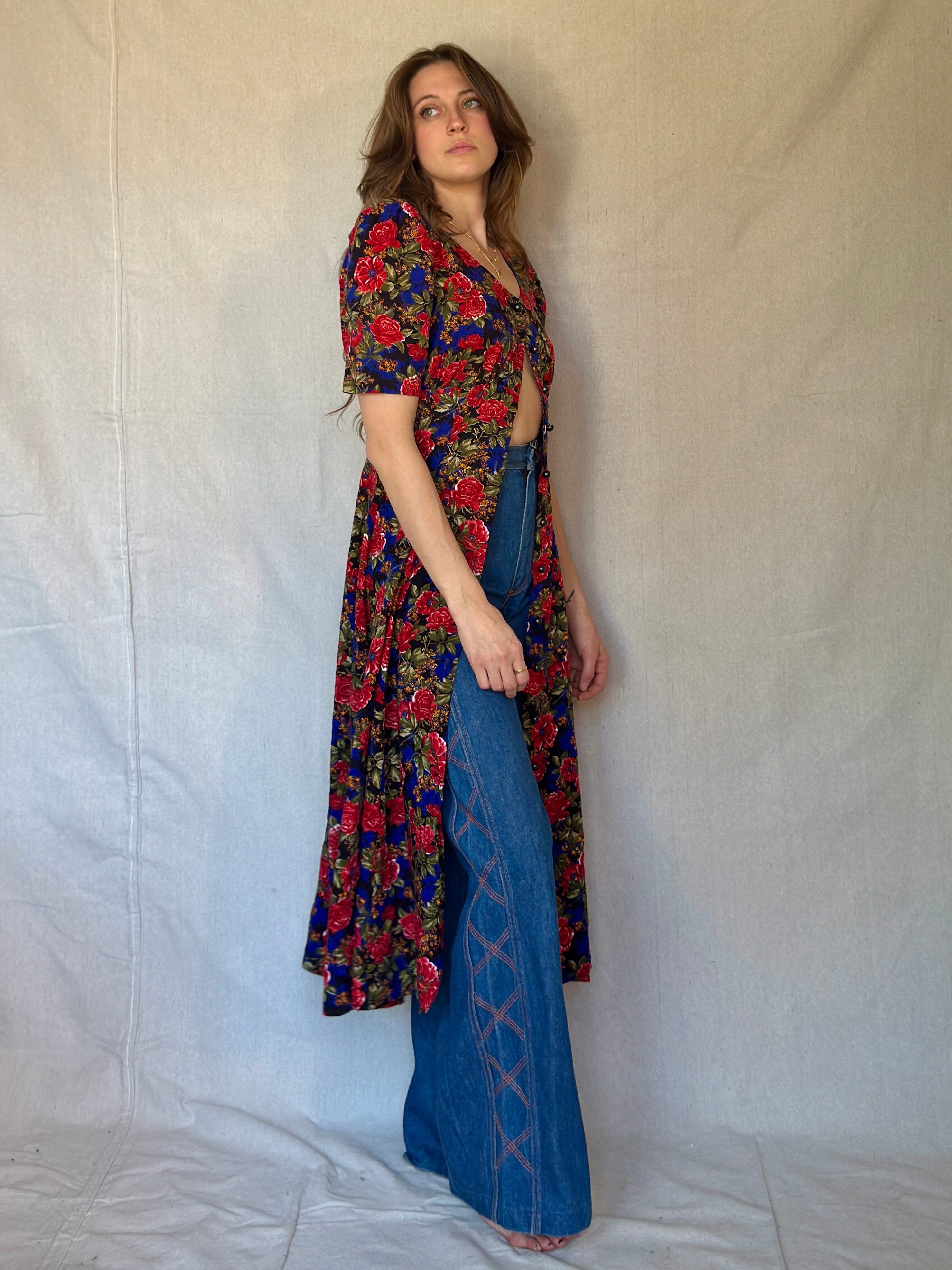 80s Blue Floral Print Button Dress