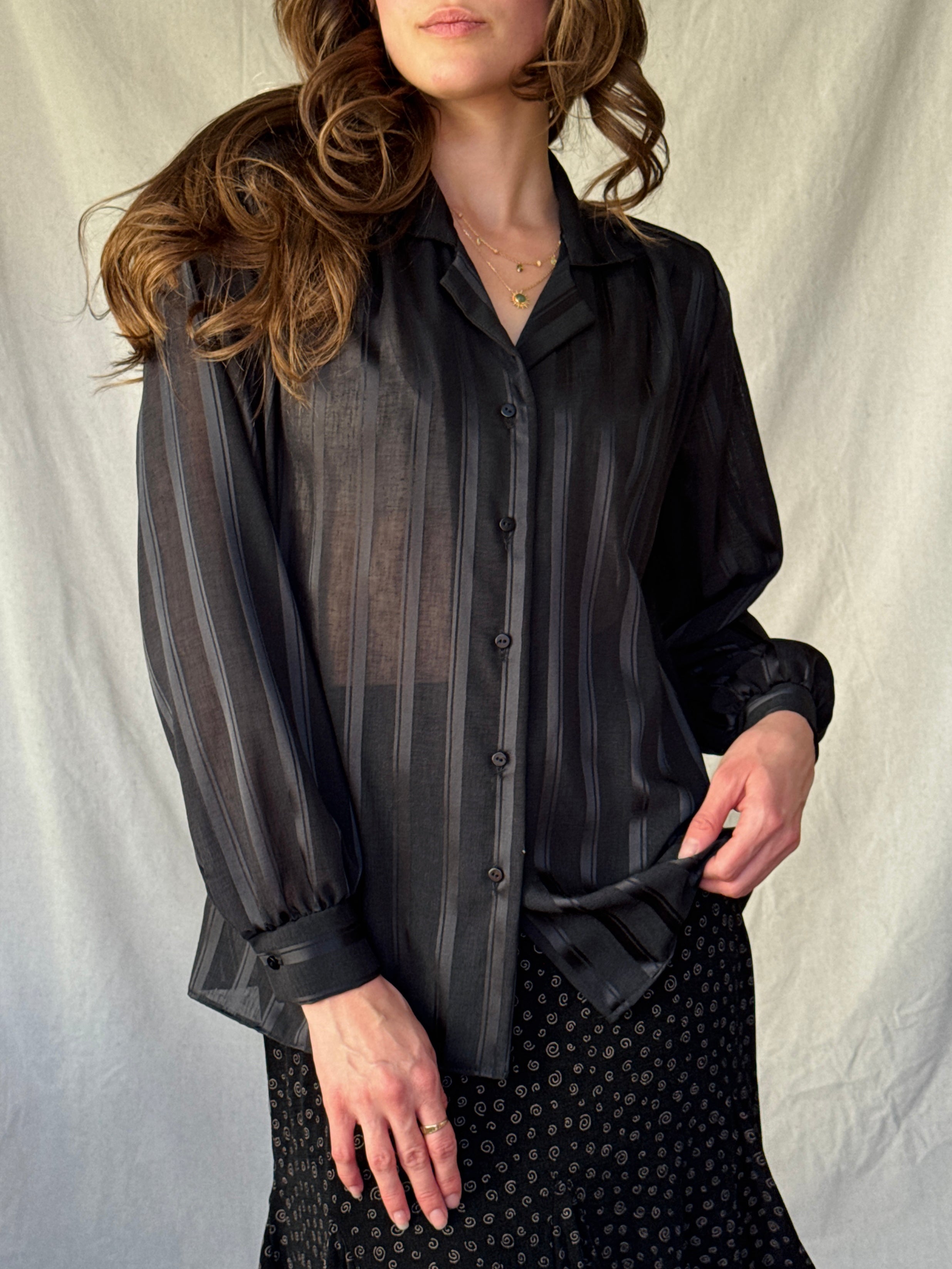 90s Sheer Black Striped Button Up Blouse