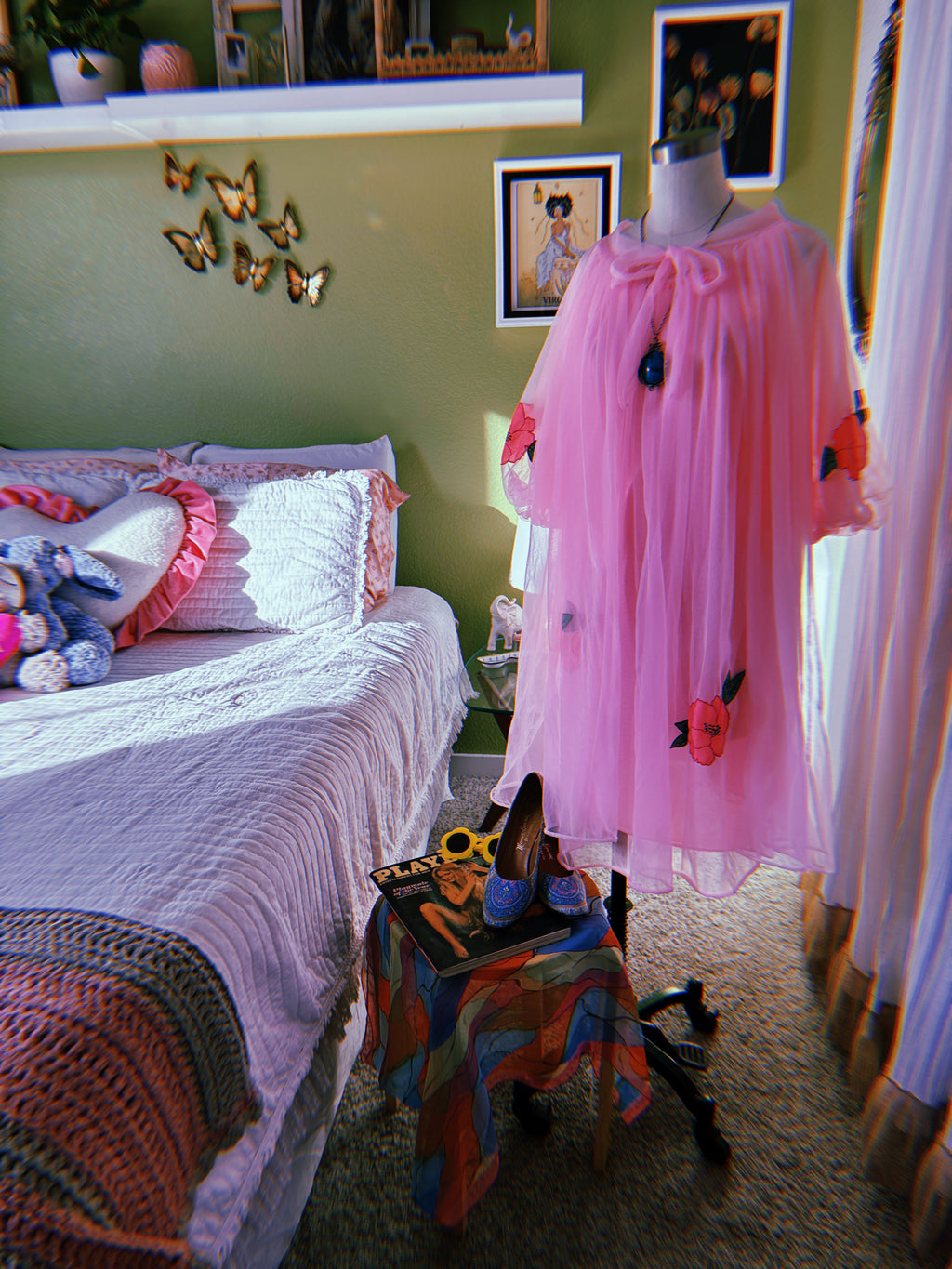 60s Pink Dayglo Nylon Hibiscus Flower Neglige & Peignoir Set