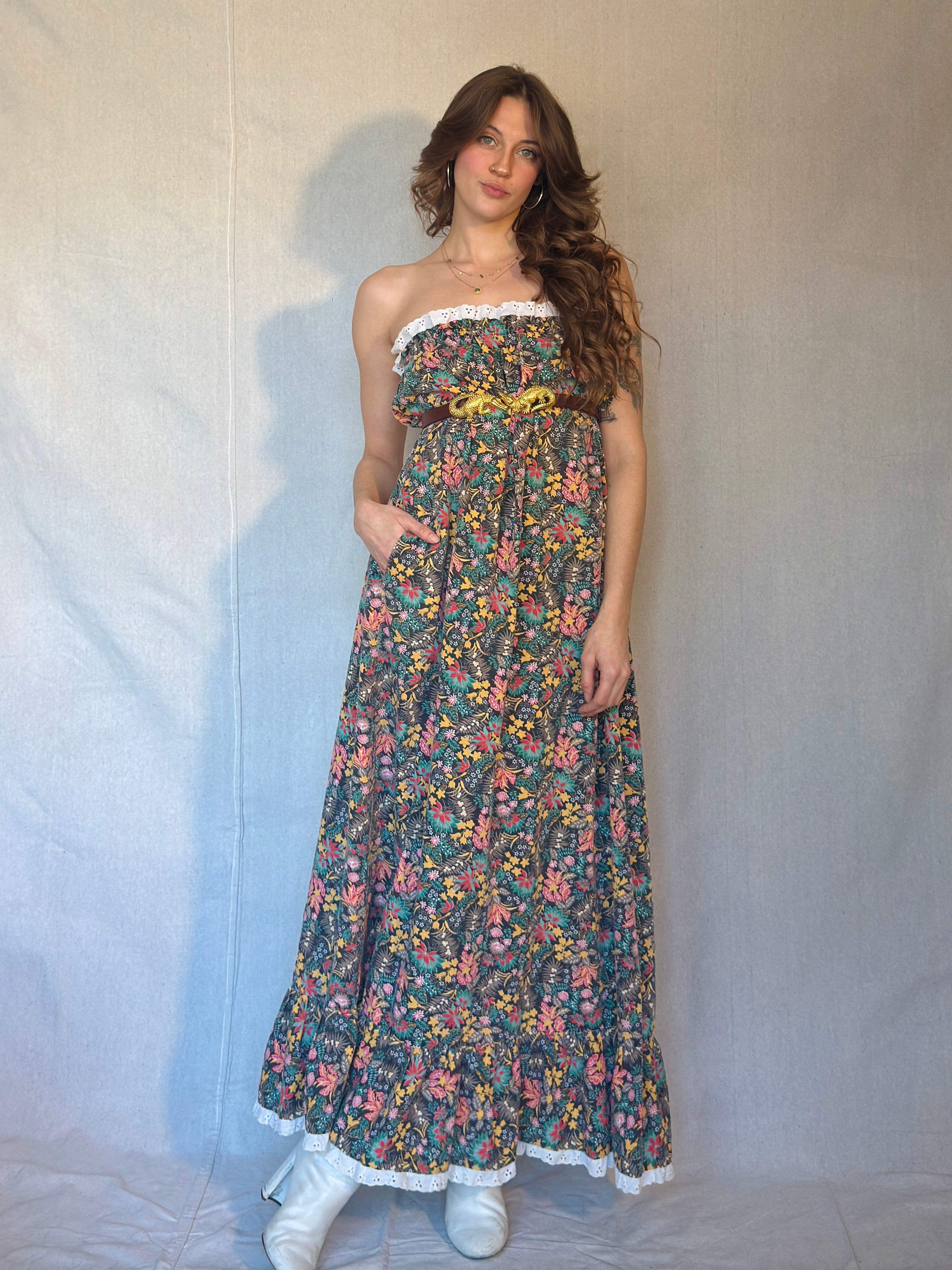 70s Brown Floral Strapless Maxi Dress