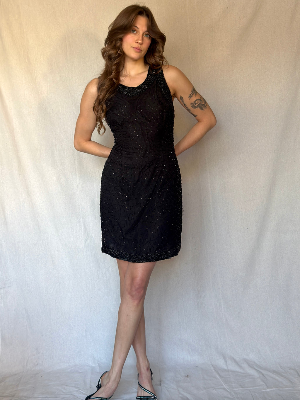 90s Black Beaded Silk Mini Cocktail Dress