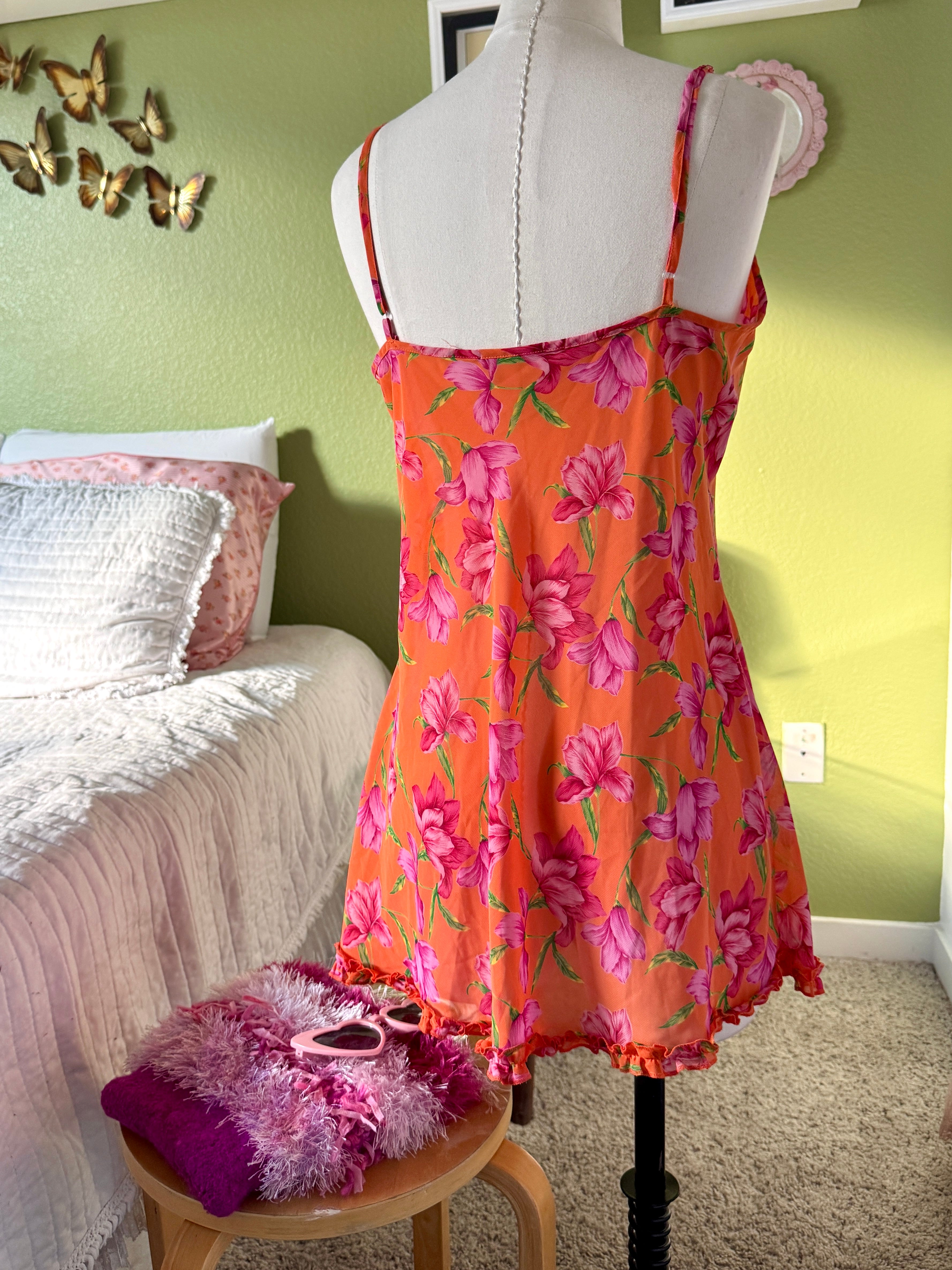 90s Sheer Orange & Pink Floral Print Ruffle Slip Dress