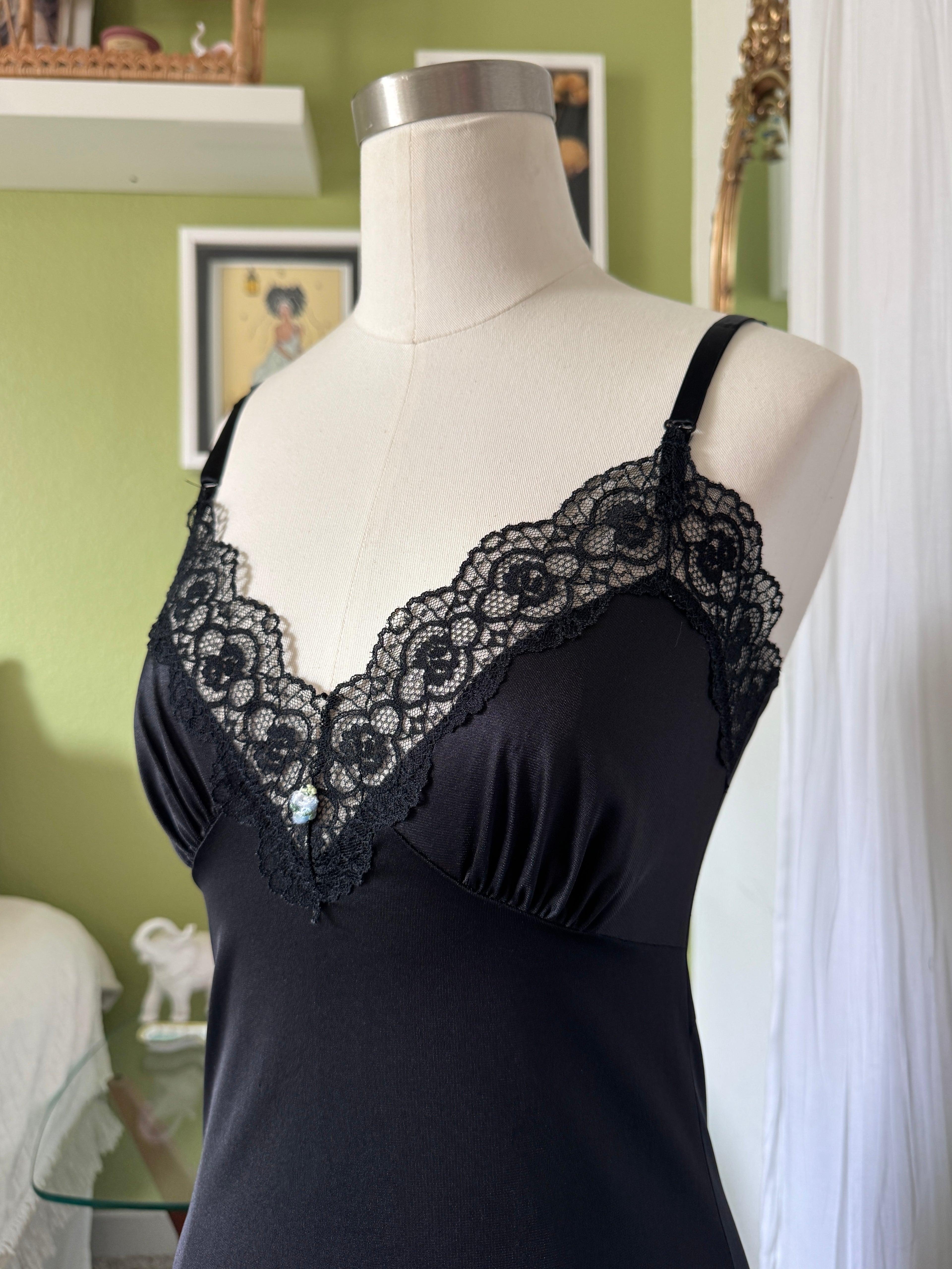 60s Black Lace Slip Dress Rosette Detail