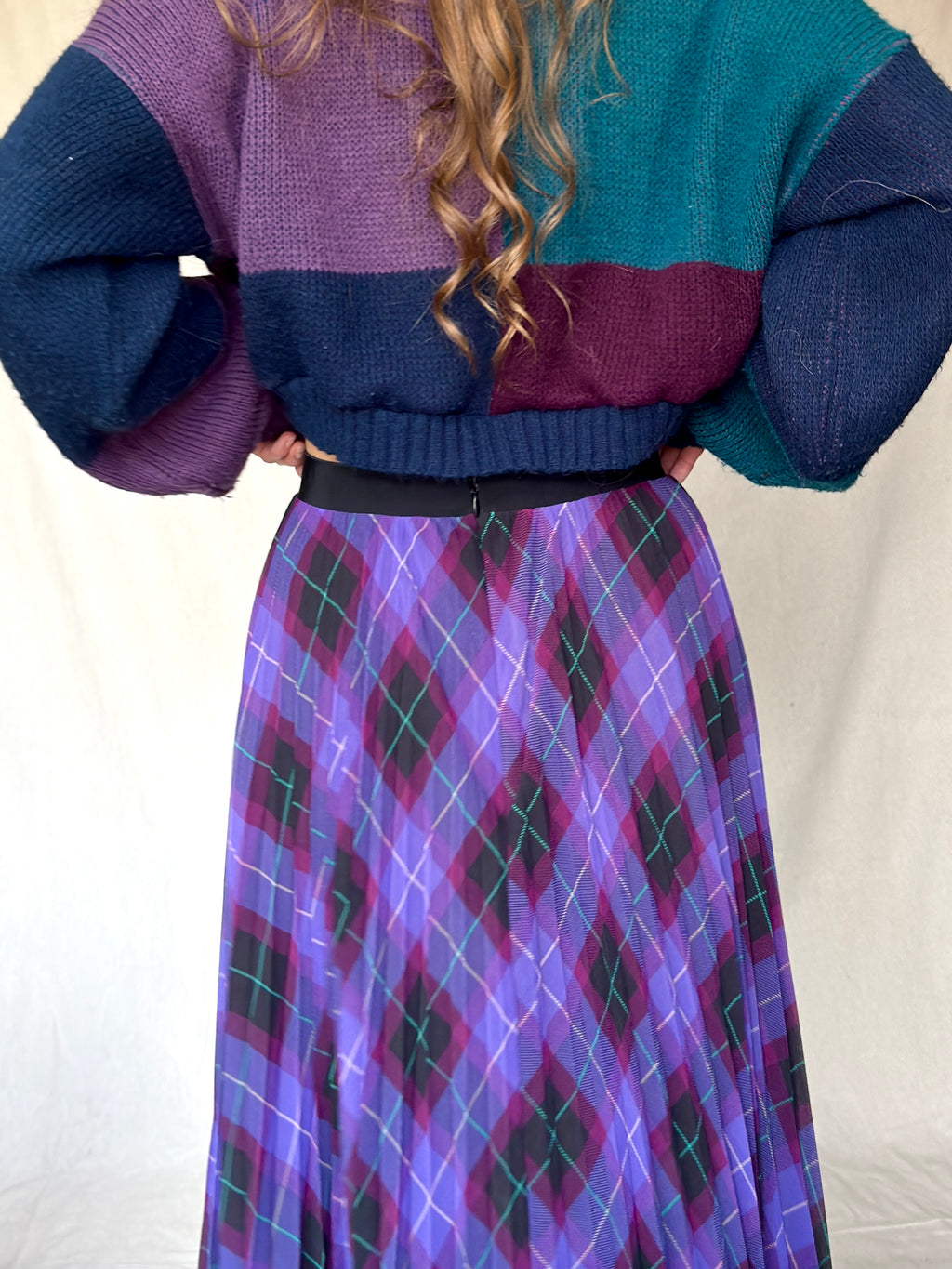 Y2K Purple Argyle Print Pleated Maxi Skirt