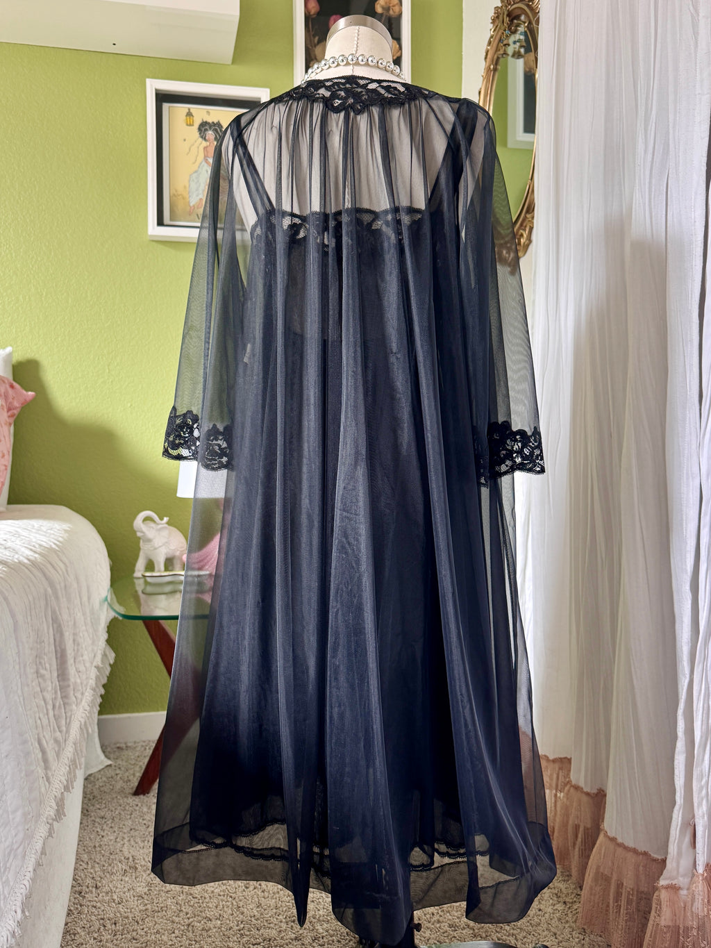 60s Sheer Black Nylon Negligee & Peignoir Set