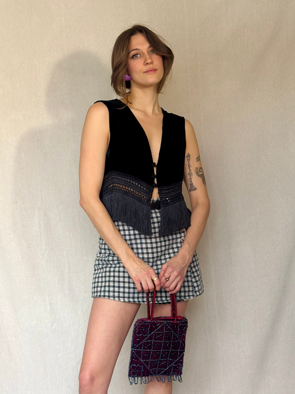 90s Black Velvet Fringe Vest Top