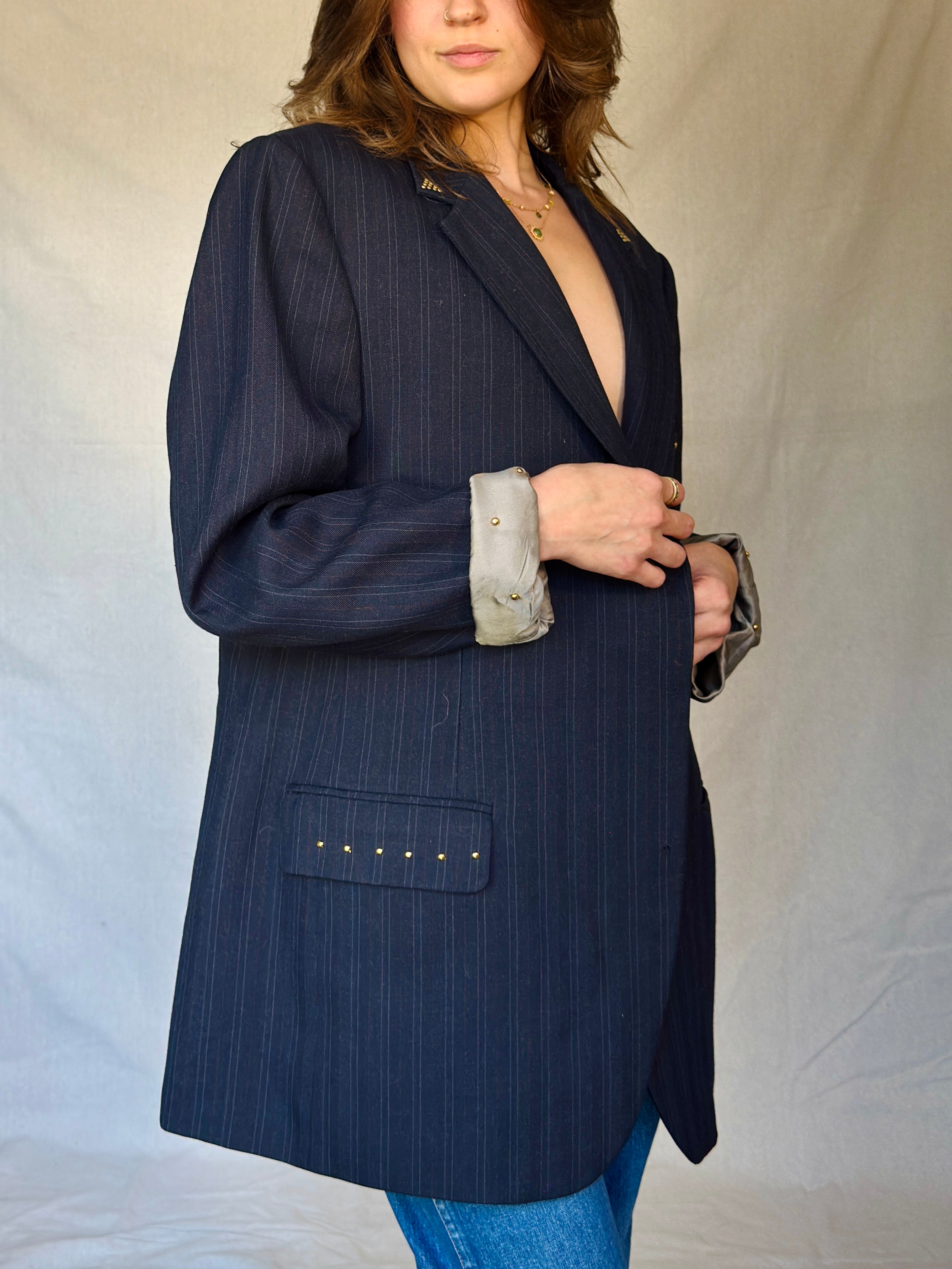 70s Star Studded Johnny Carson Navy Pinstripe Suit Jacket