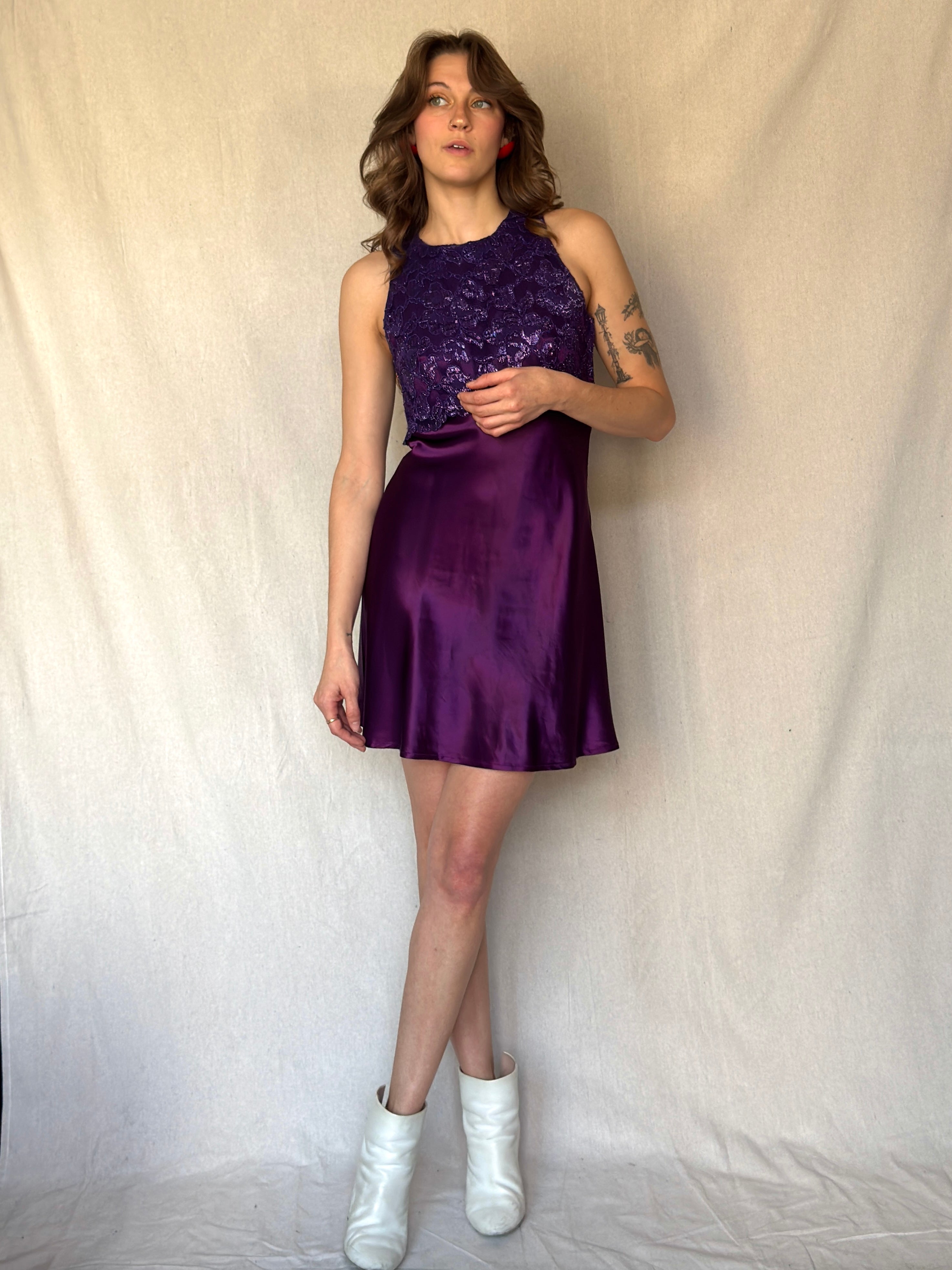 90s Purple Lace Satin Mini Keyhole Dress