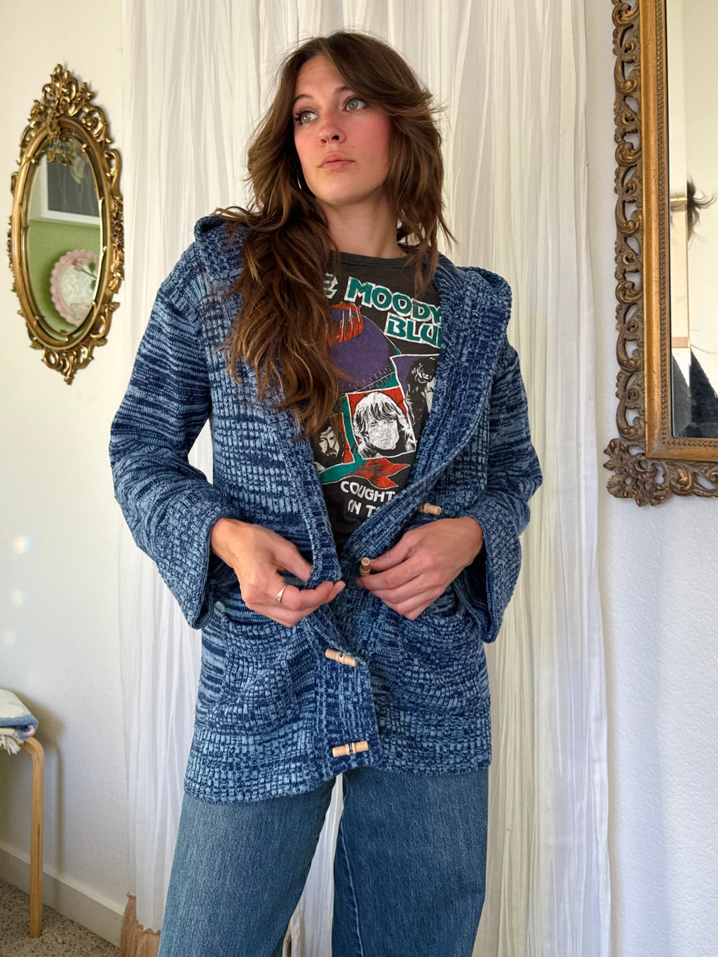 70s Blue Space Dye Hooded Toggle Sweater