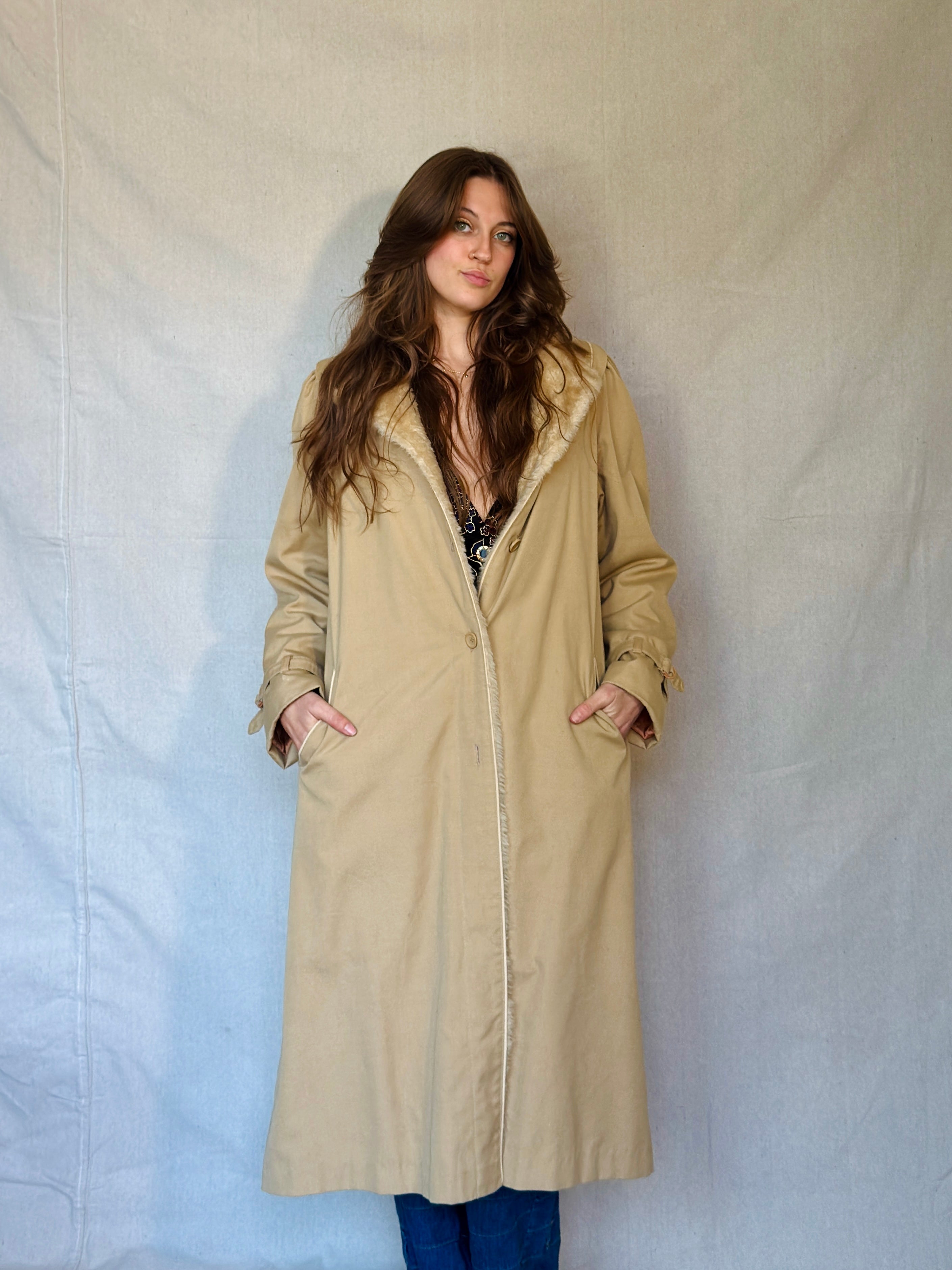 70s Tan Faux Shearling Trench Coat