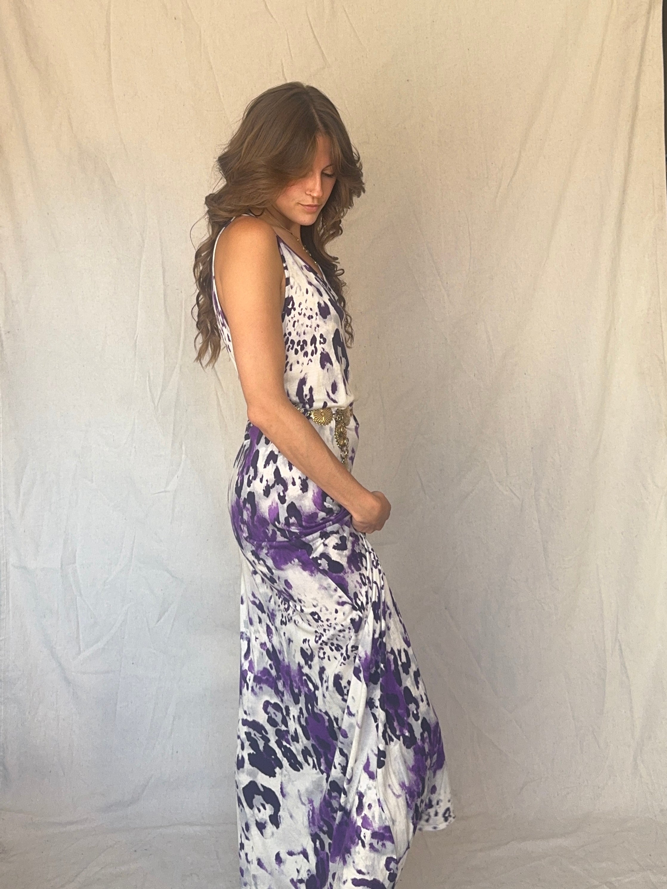 90s Purple Leopard Print Maxi Slip Dress