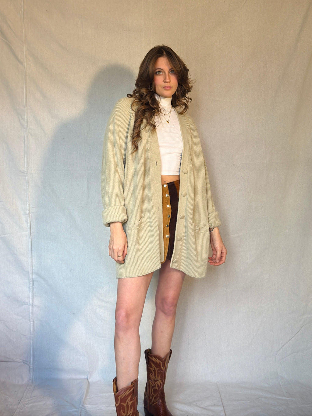 Y2K Light Beige Preppy Ribbed Cardigan Sweater