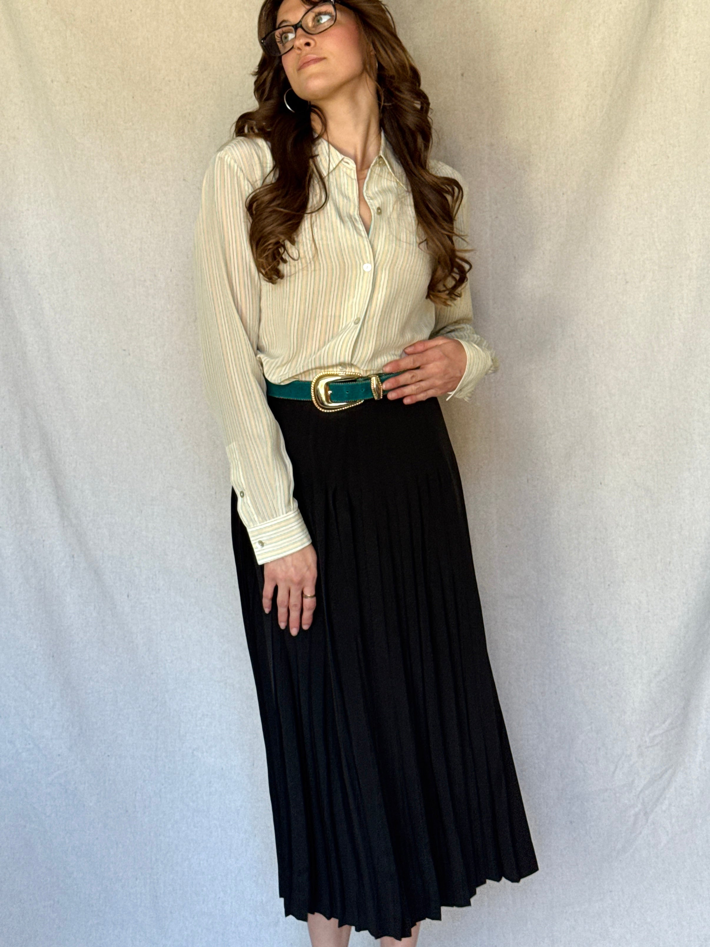 90s Cream Pinstriped Silk Button Up Shirt