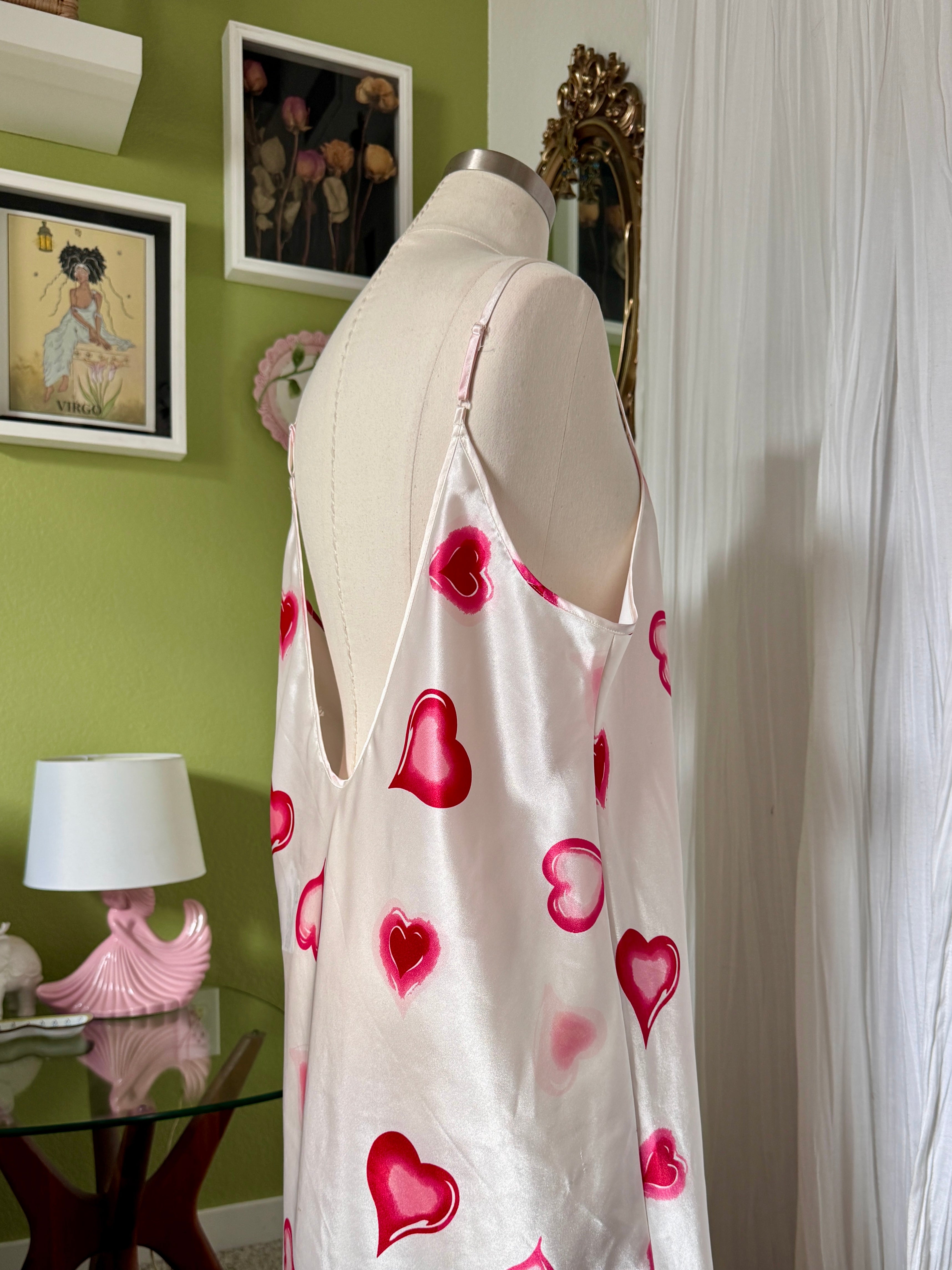 Y2K White Heart Print Satin Mini Slip Dress