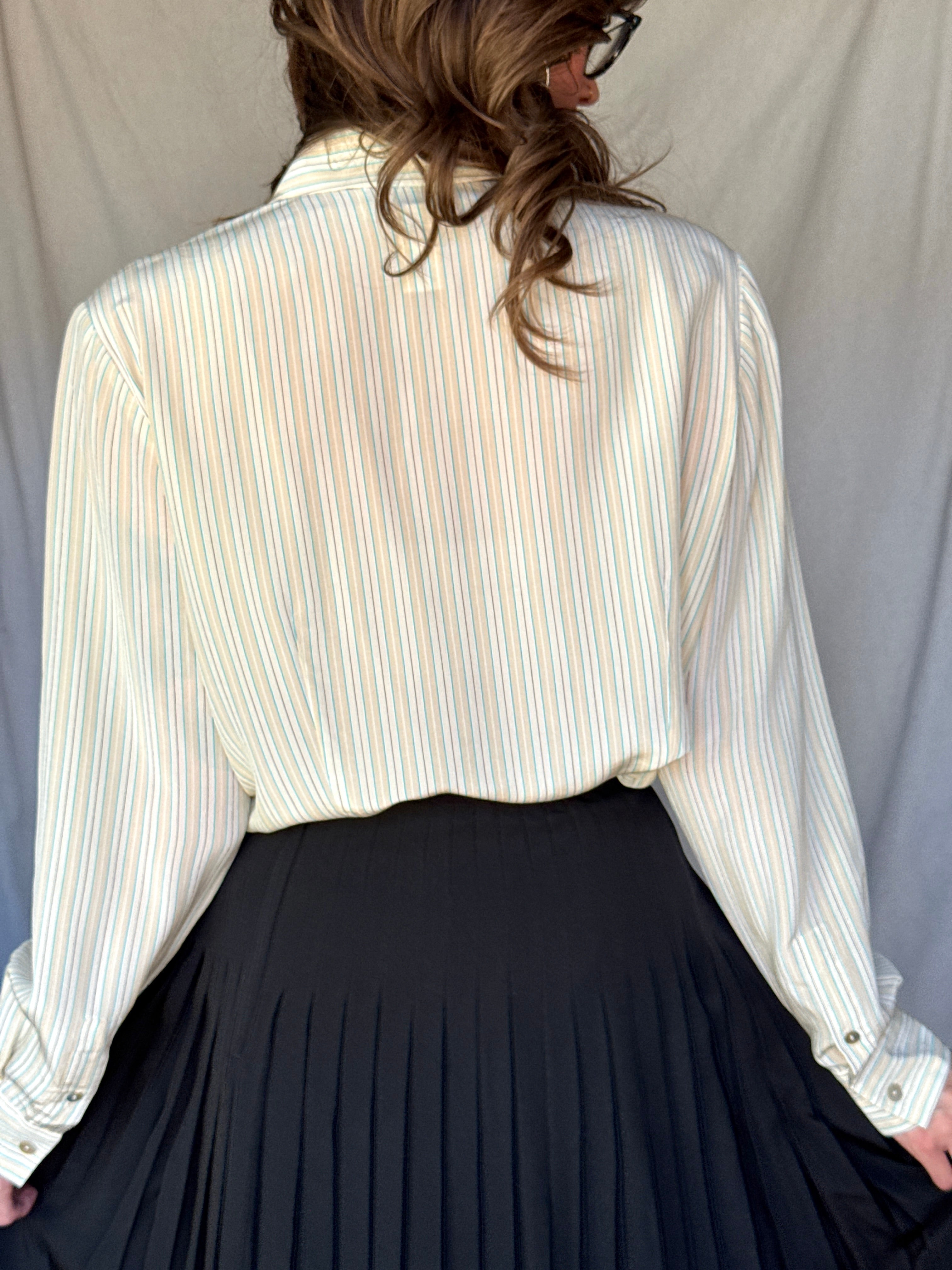 90s Cream Pinstriped Silk Button Up Shirt