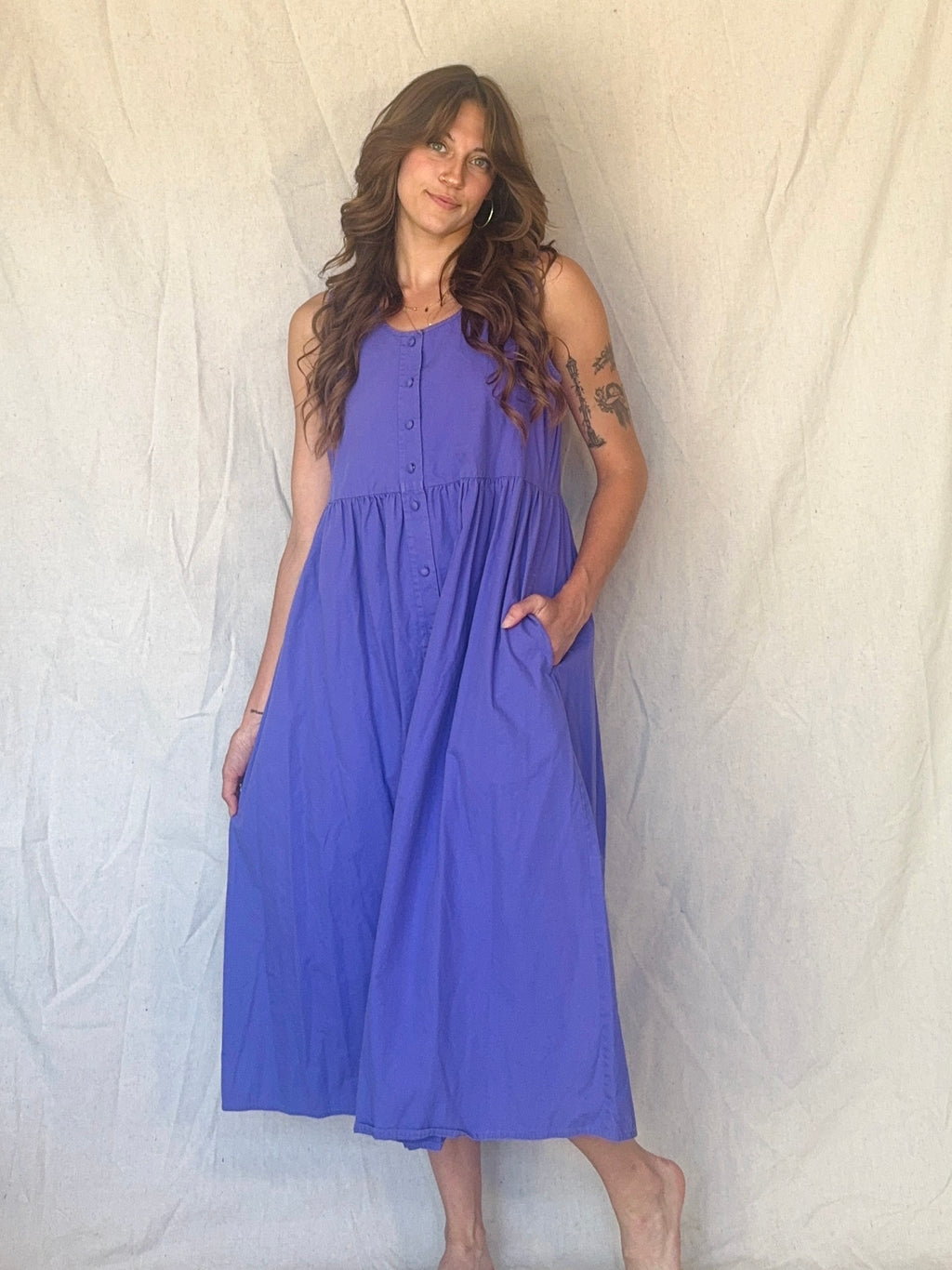 80s Periwinkle Purple Cotton Button Up Pinafore Jumper Dress
