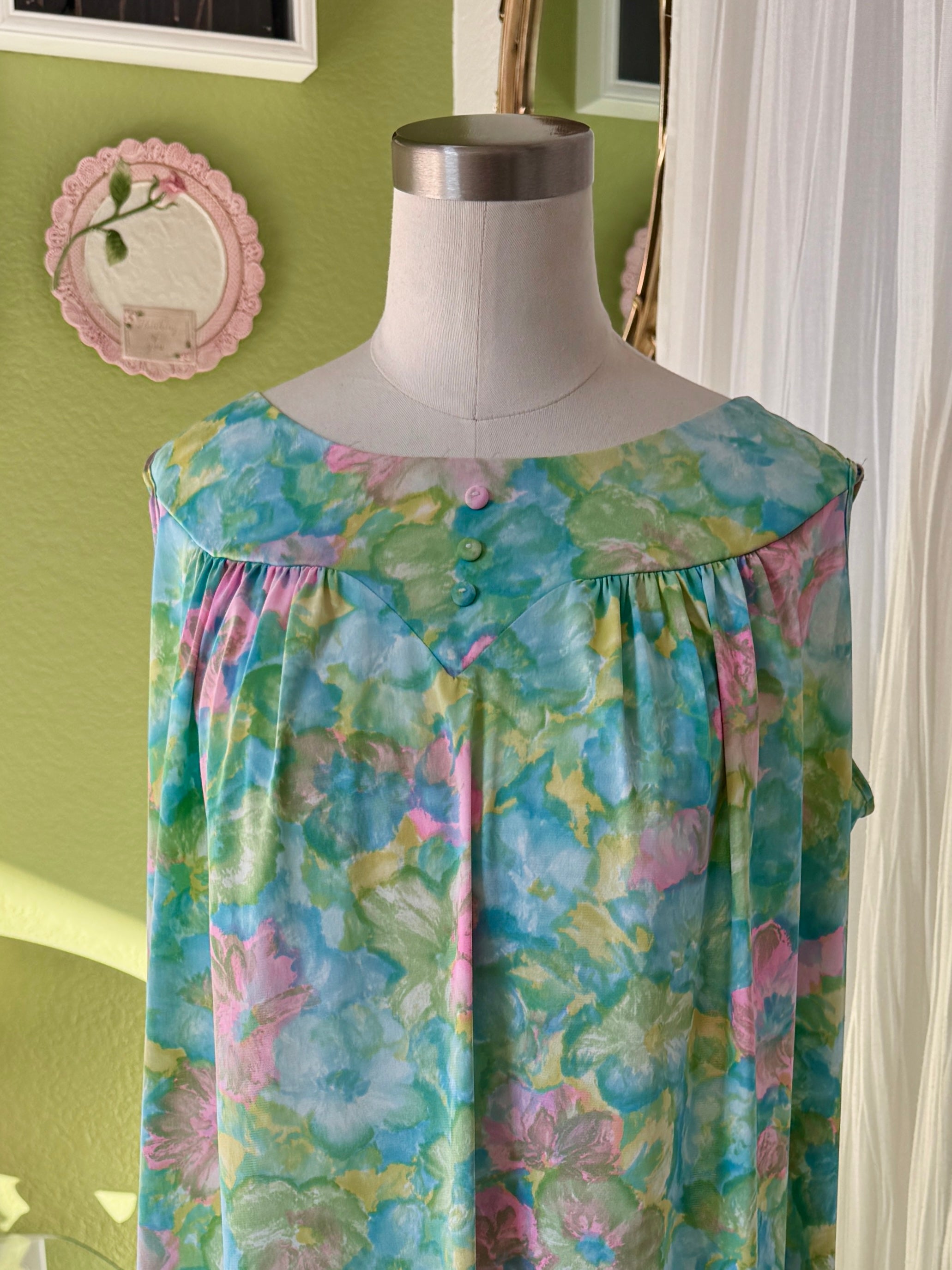 60s Green Soft Floral Babydoll Dress Night Gown
