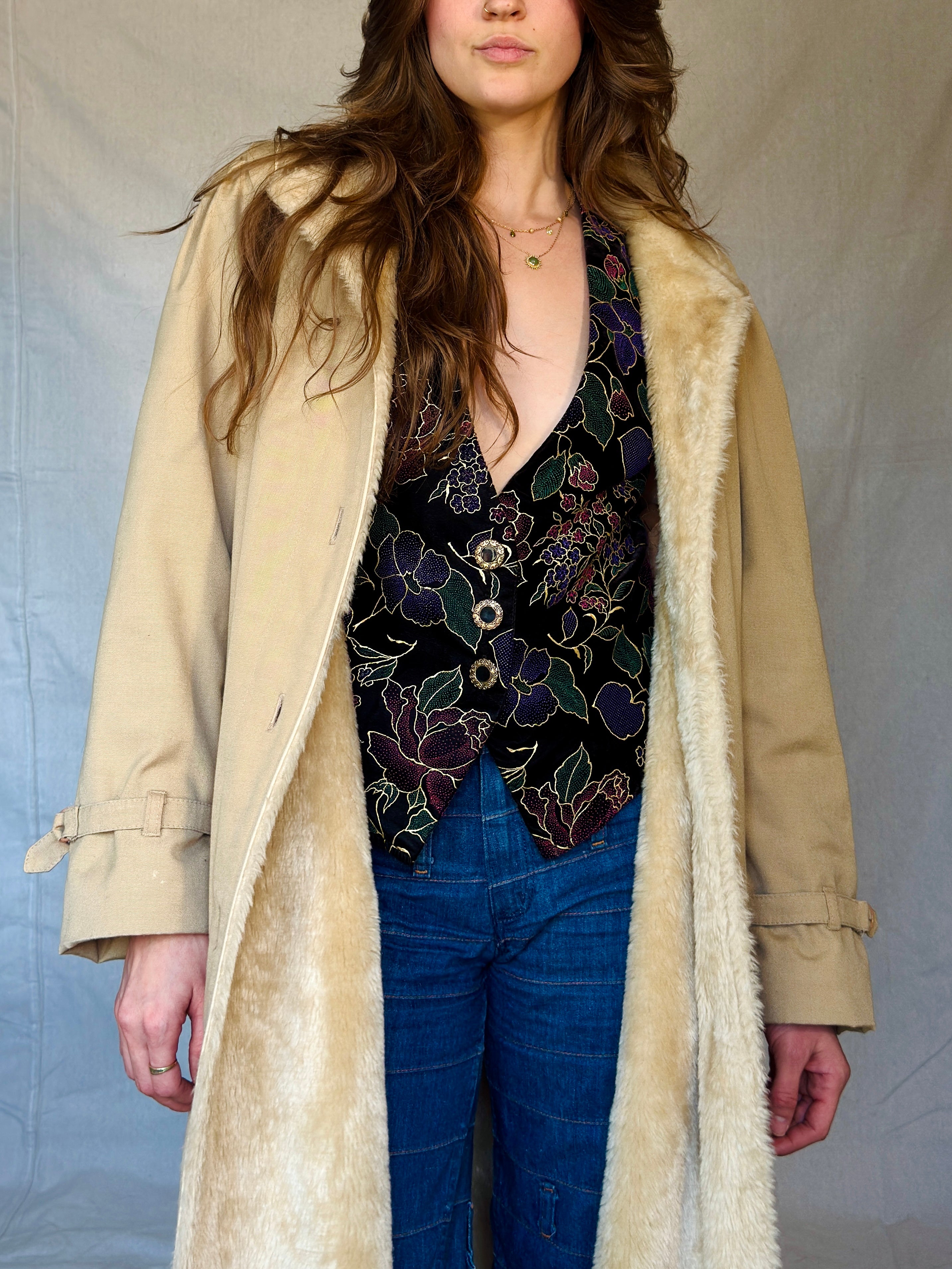 70s Tan Faux Shearling Trench Coat