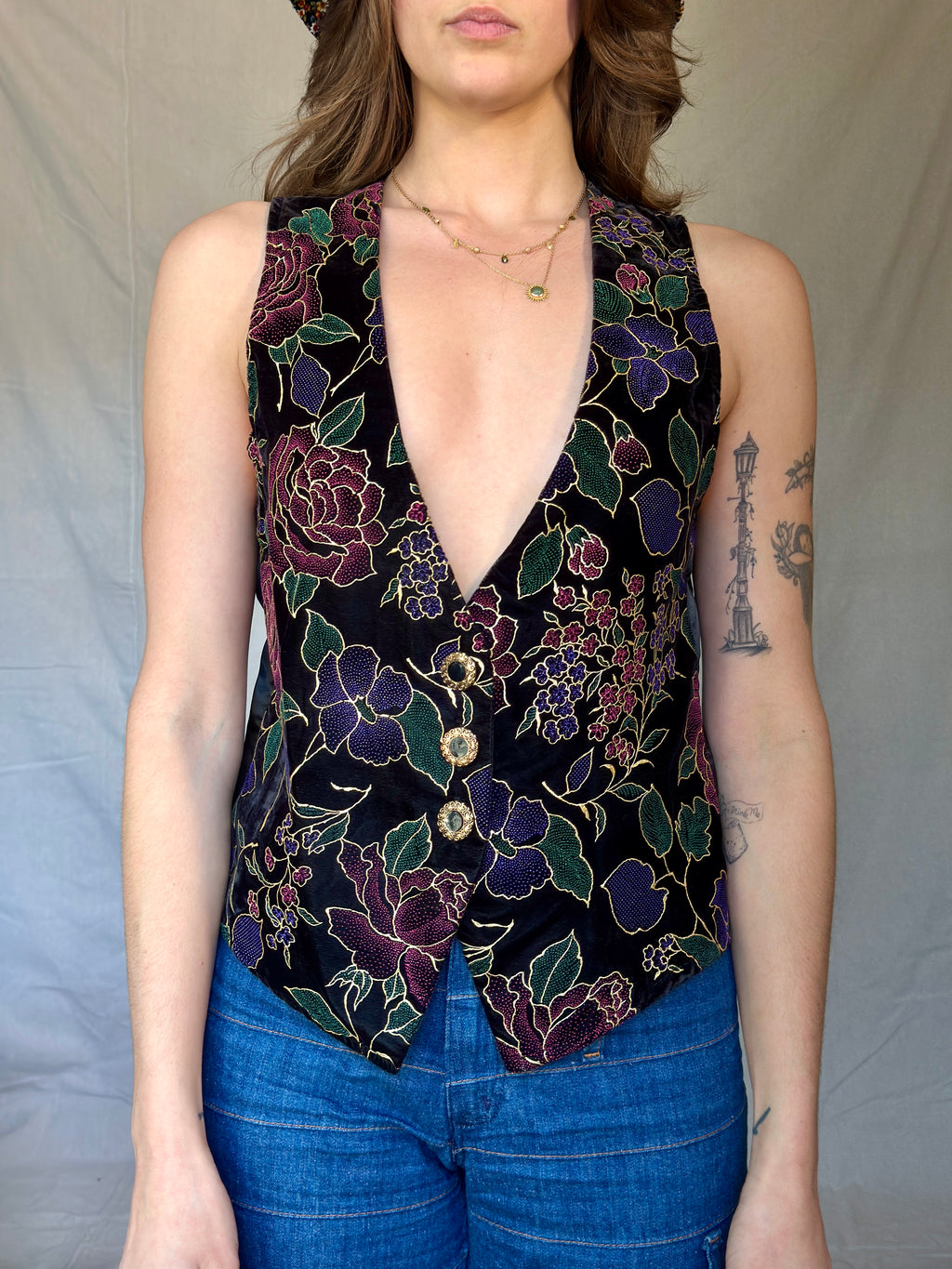 80s Black Velvet Floral Tux Vest