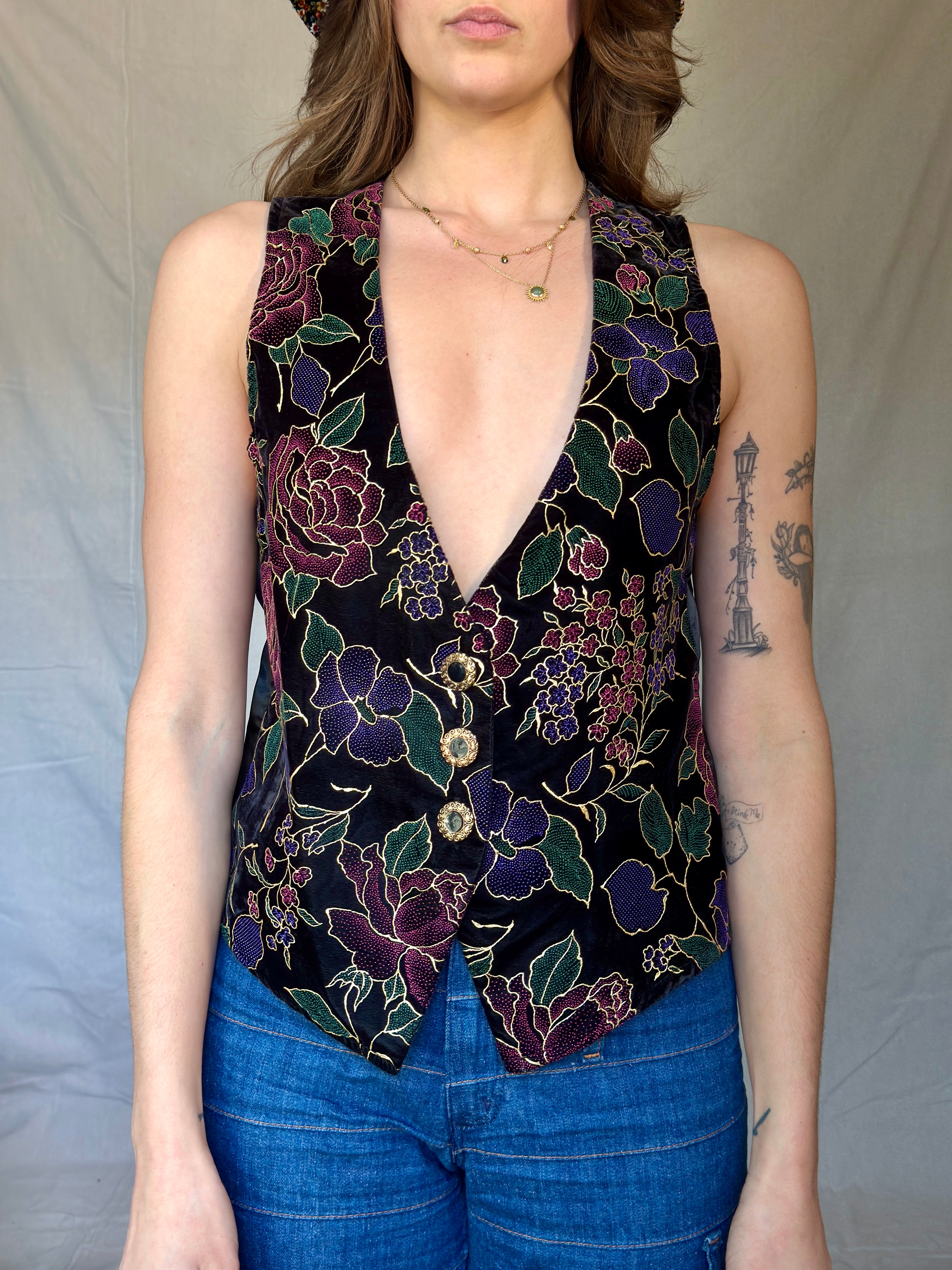 80s Black Velvet Floral Tux Vest