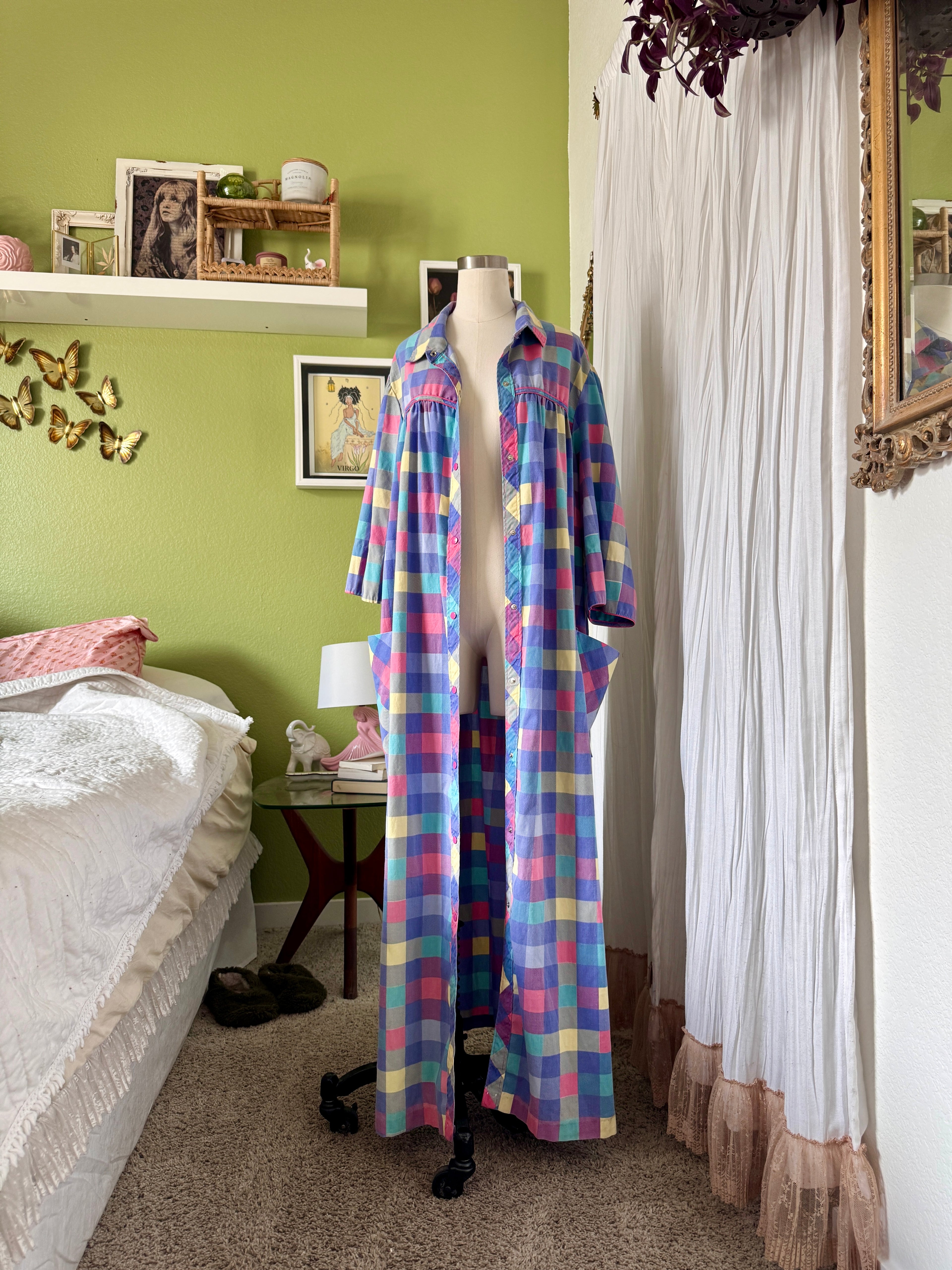 80s Purple Color Block Pearl Snap Duster Housecoat