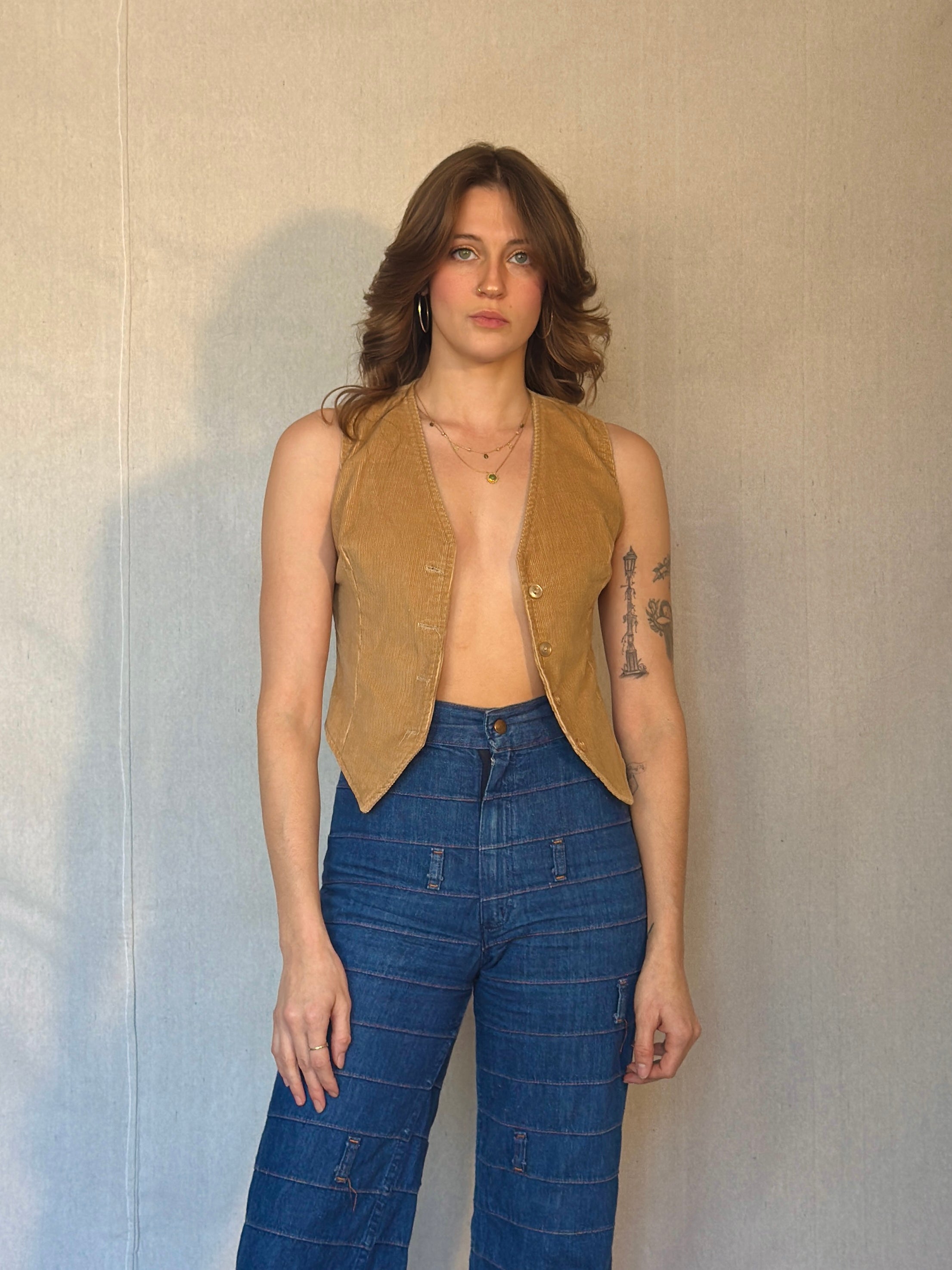 80s Tan Corduroy Button Up Vest
