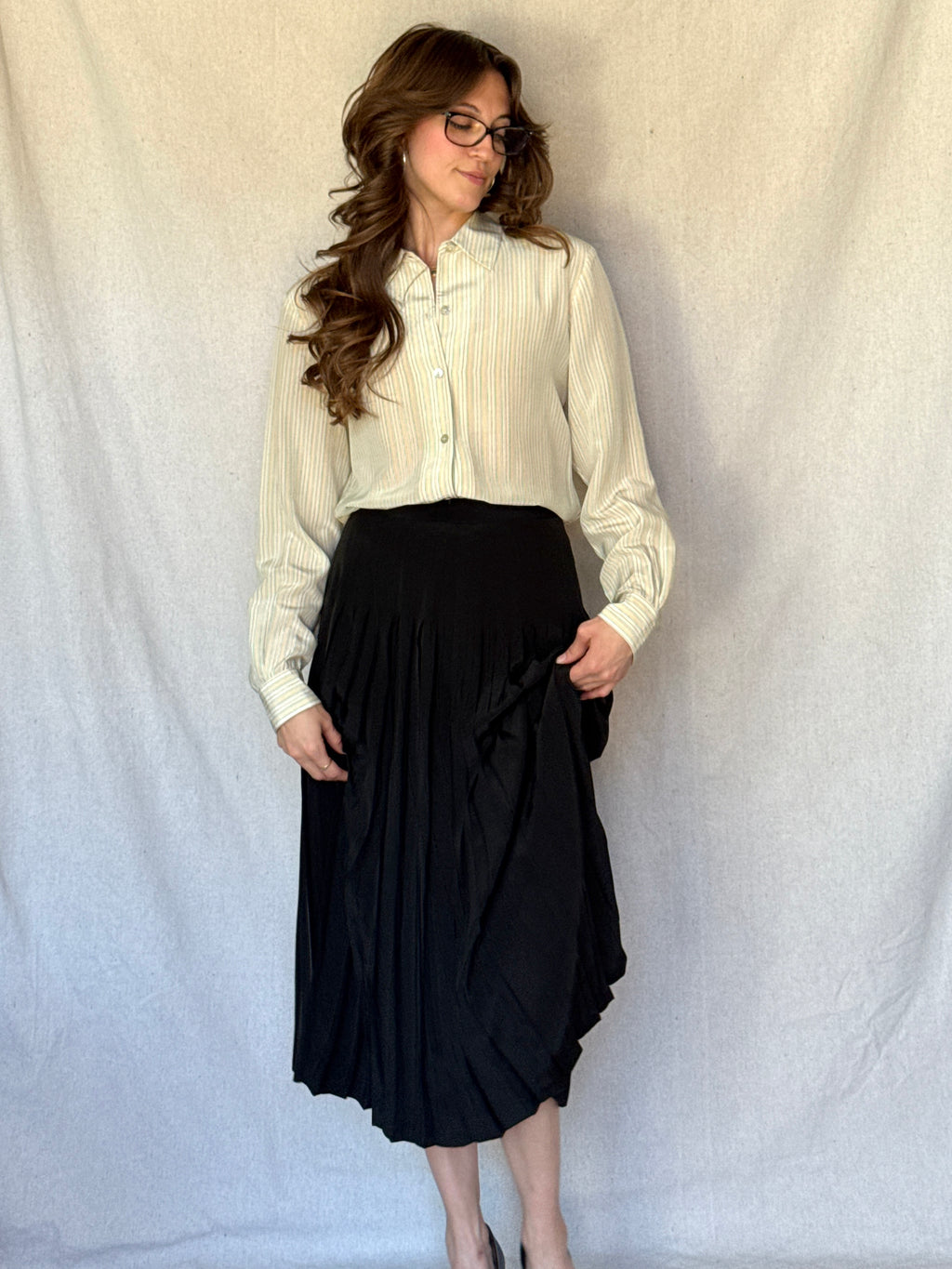 70s St. Martin Black Silk Pleated Midi Skirt