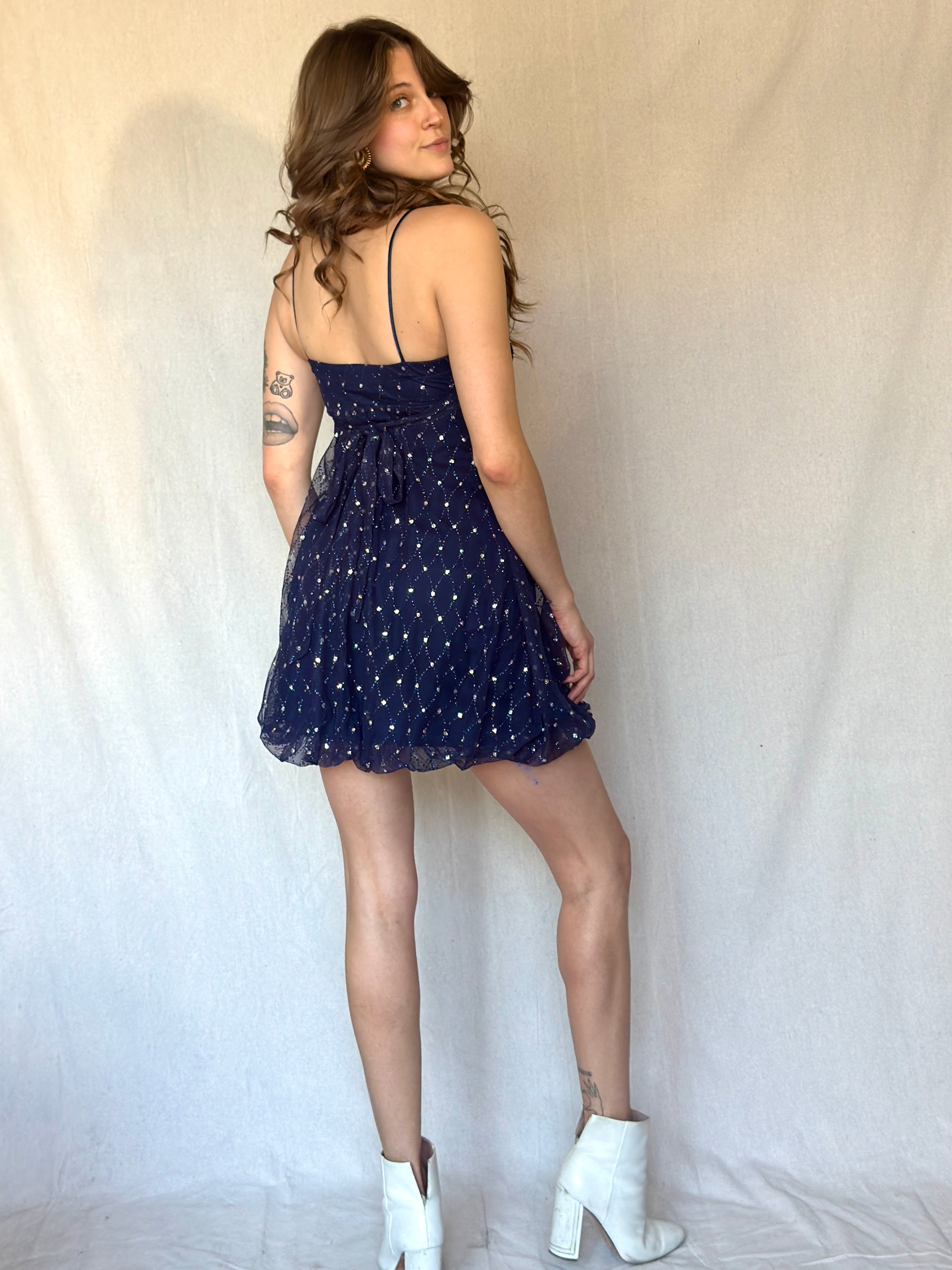 90s Strappy Navy Sequin Babydoll Dress