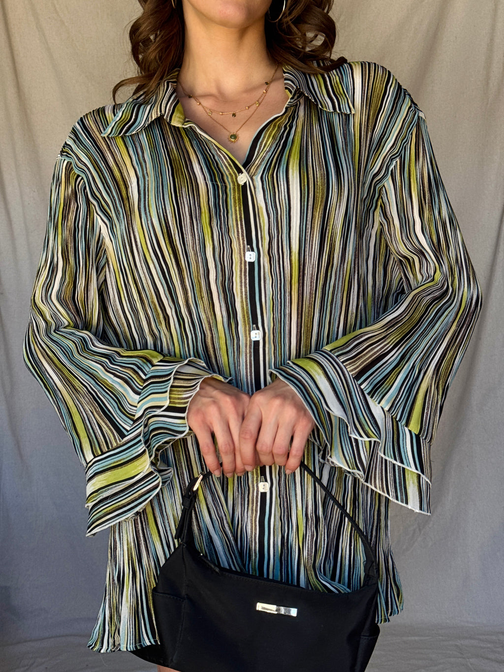 Y2K Striped Whimsy Crinkle Pleat Blouse