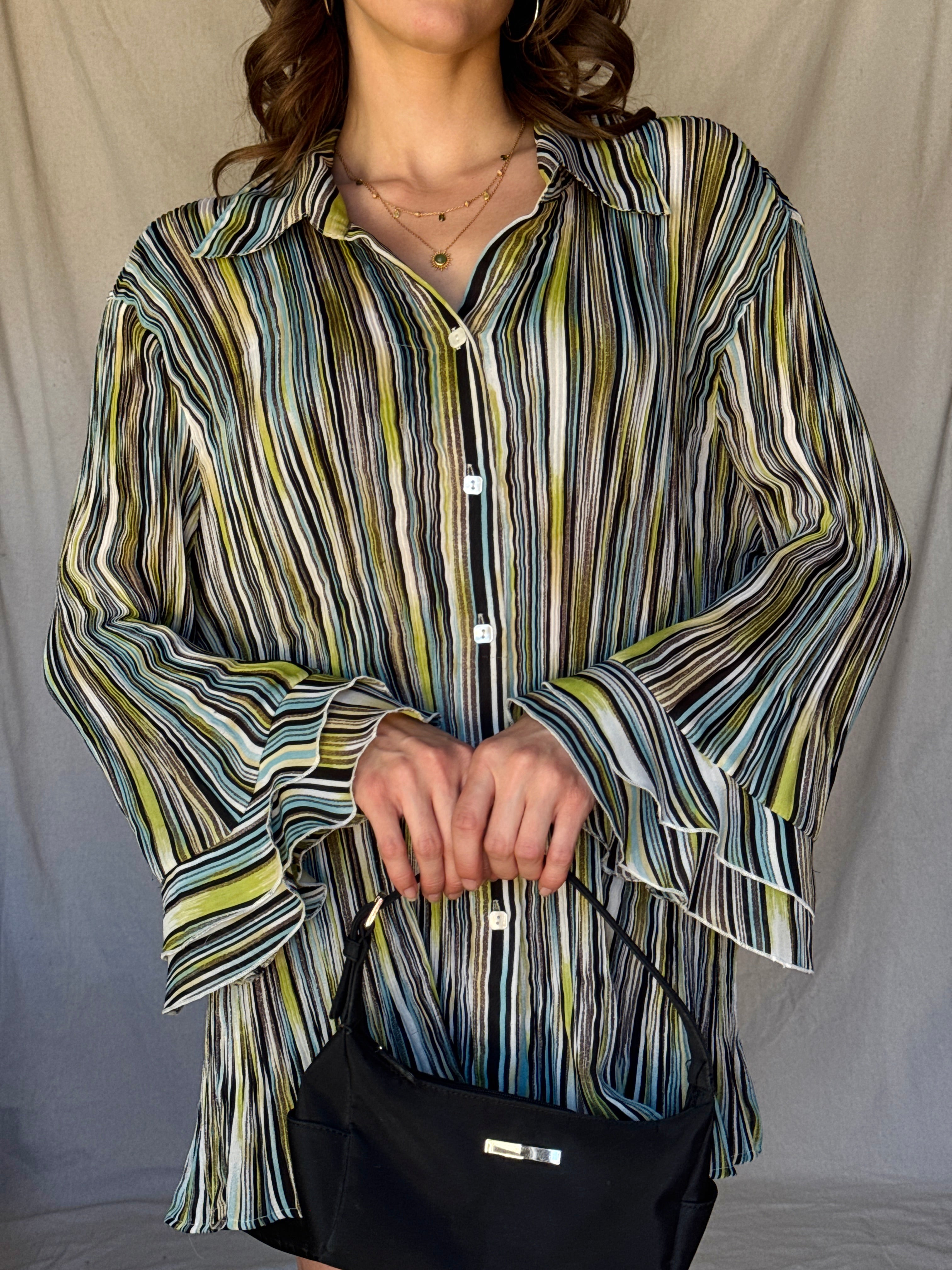 Y2K Striped Whimsy Crinkle Pleat Blouse