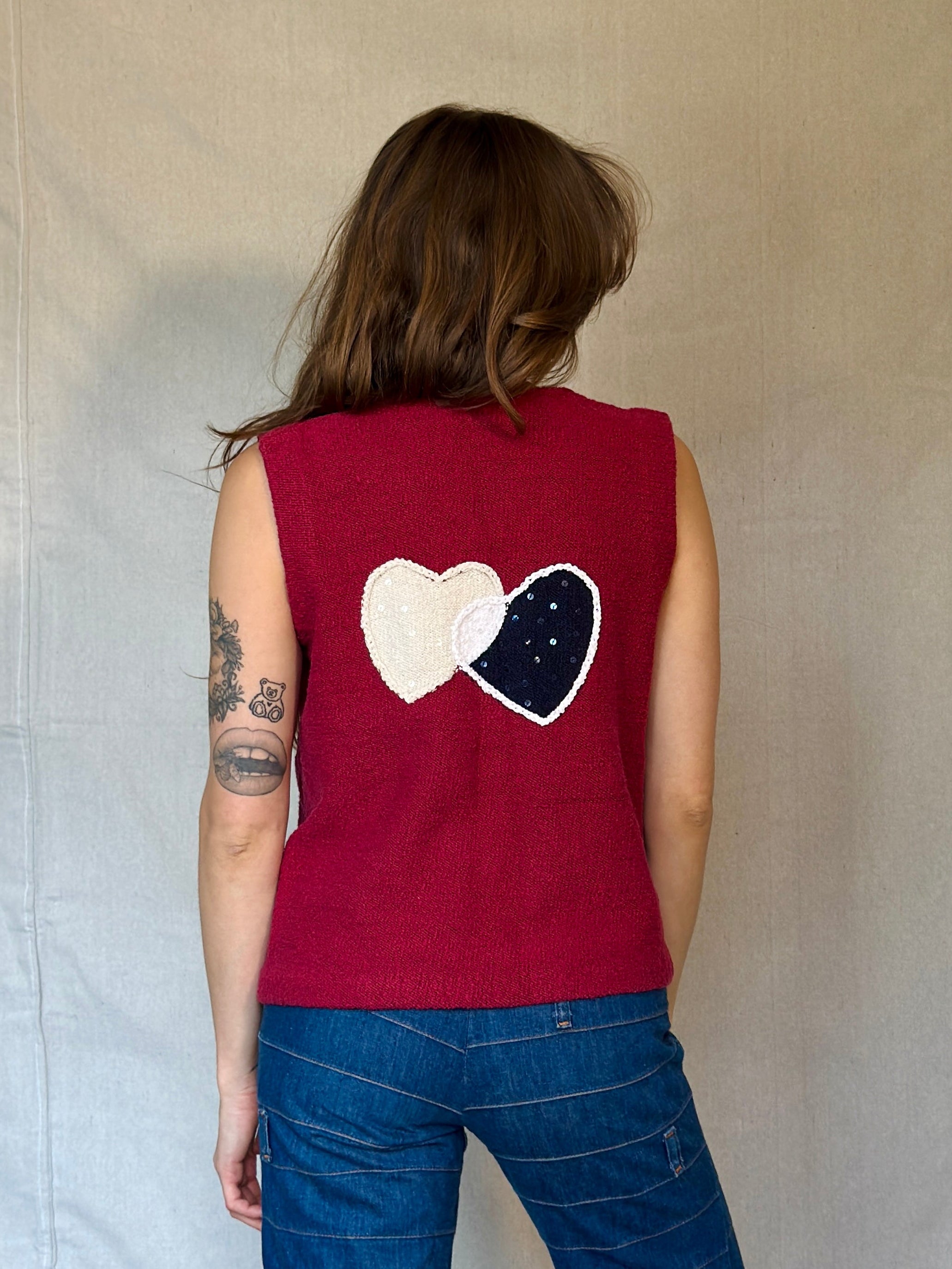 Y2K Red Cotton Knit Heart Sweater Vest