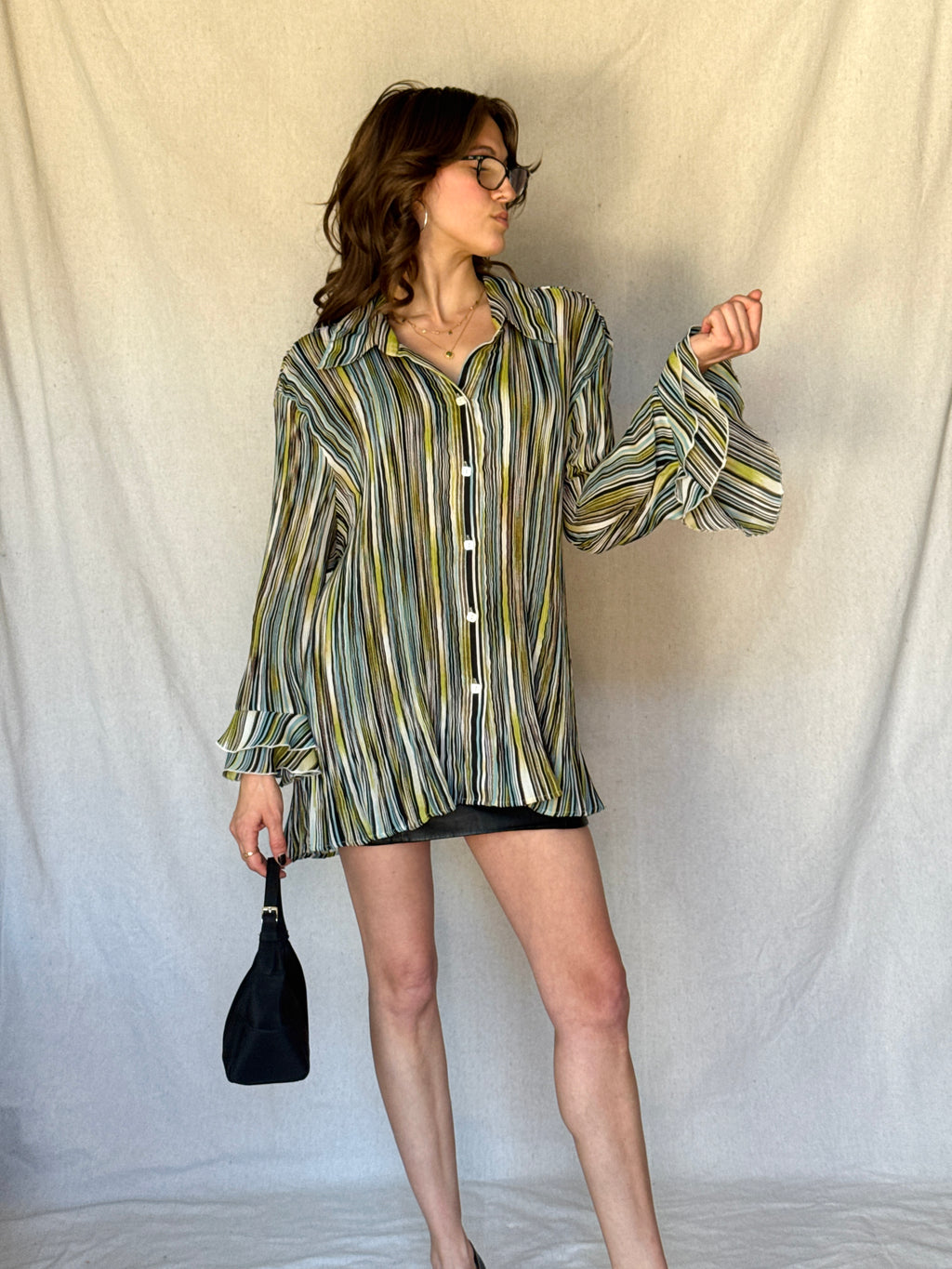 Y2K Striped Whimsy Crinkle Pleat Blouse