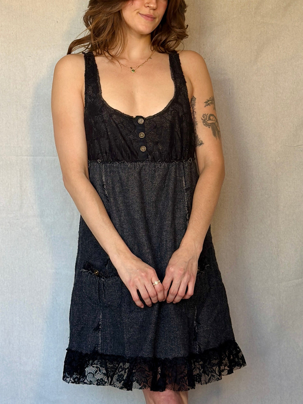 Vintage Free People Black Lace Mini Babydoll Dress