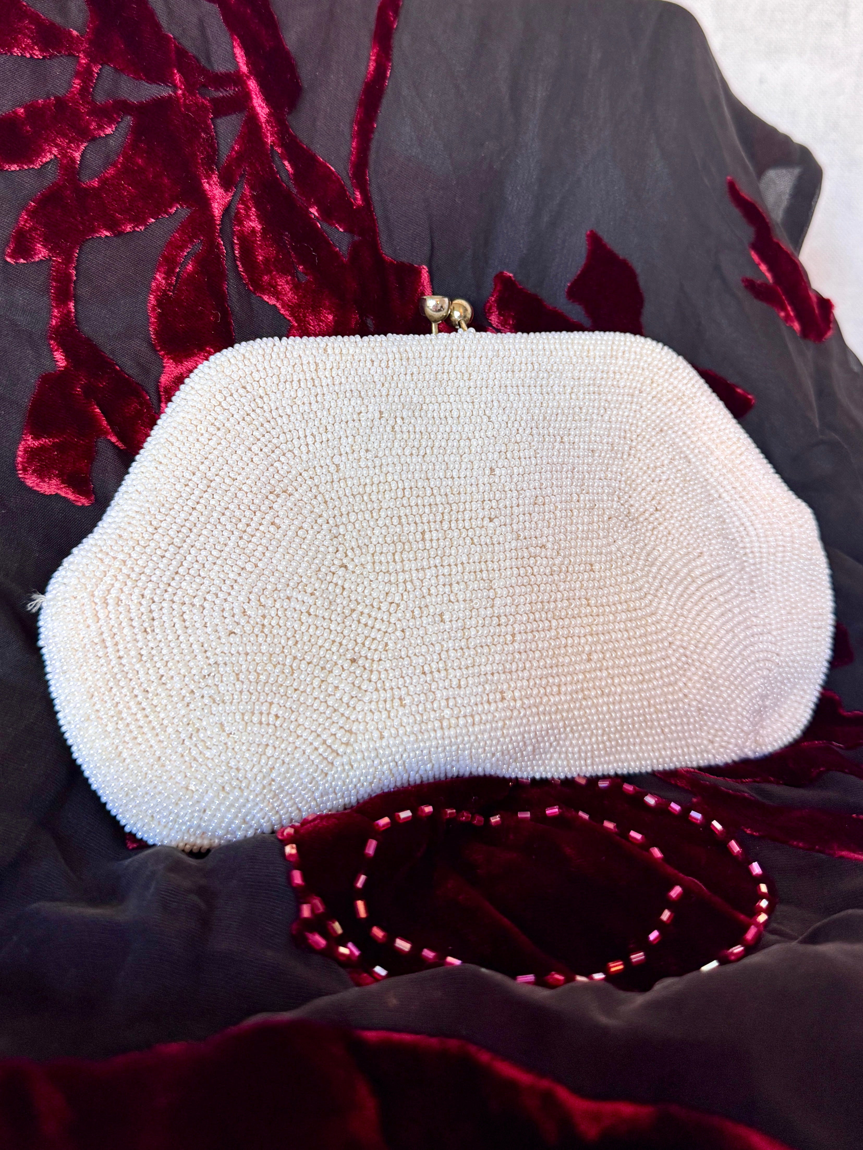 Vintage White Pearl Hand Beaded Clutch