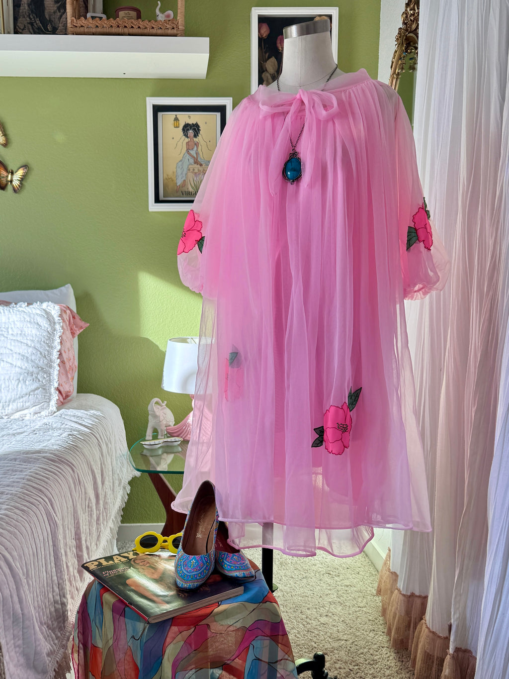 60s Pink Dayglo Nylon Hibiscus Flower Neglige & Peignoir Set