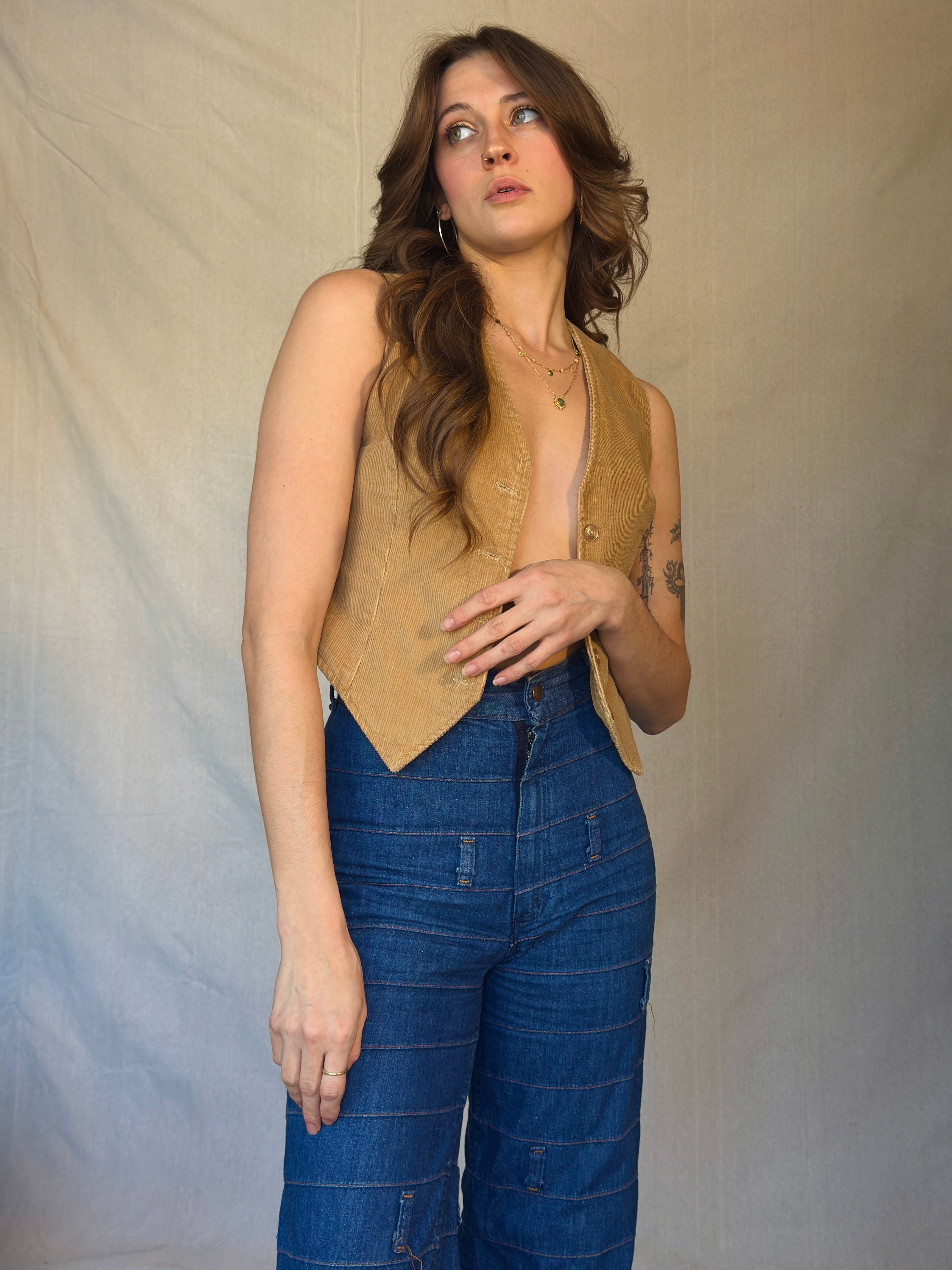 80s Tan Corduroy Button Up Vest