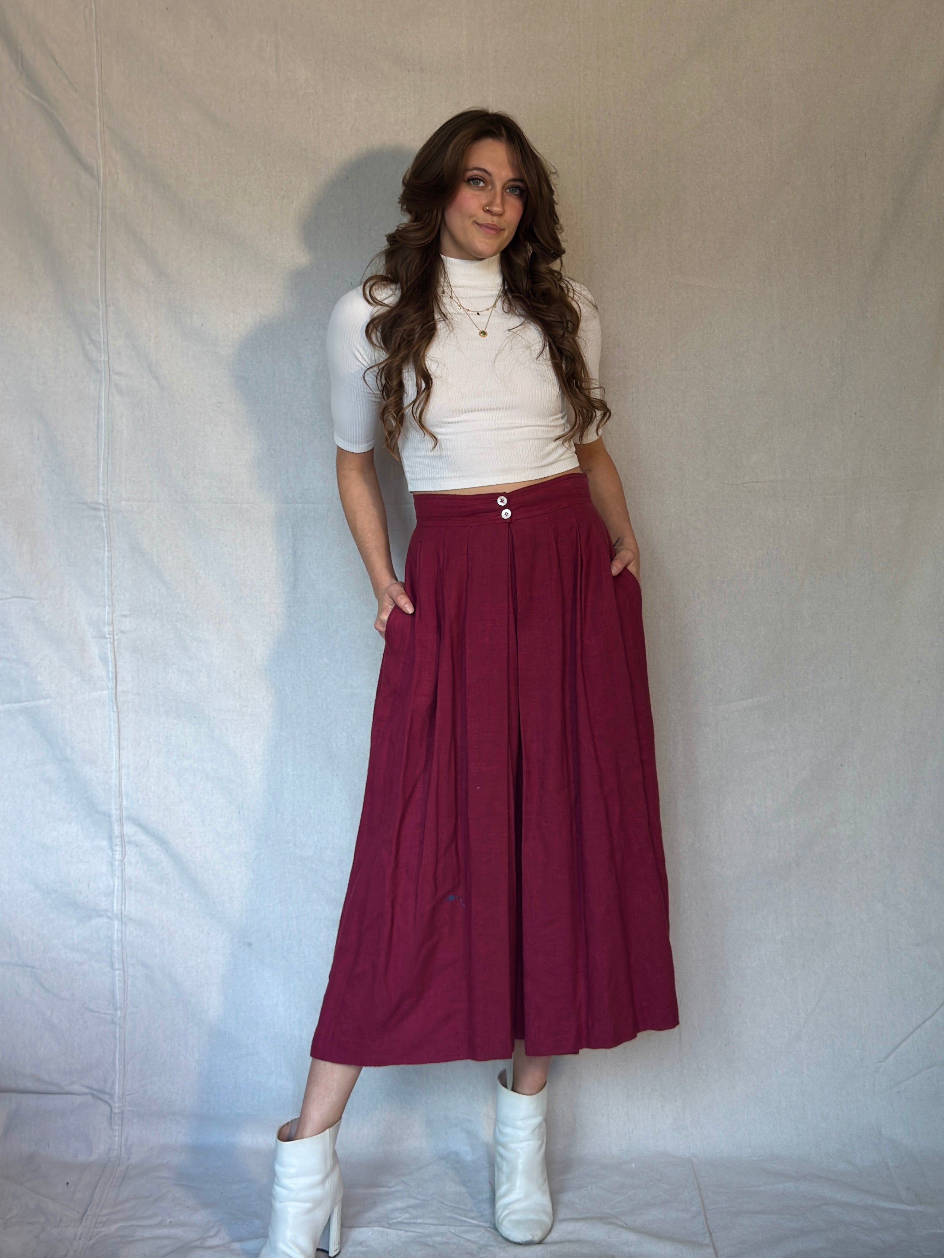 70s Burgundy Pleated Midi Skirt