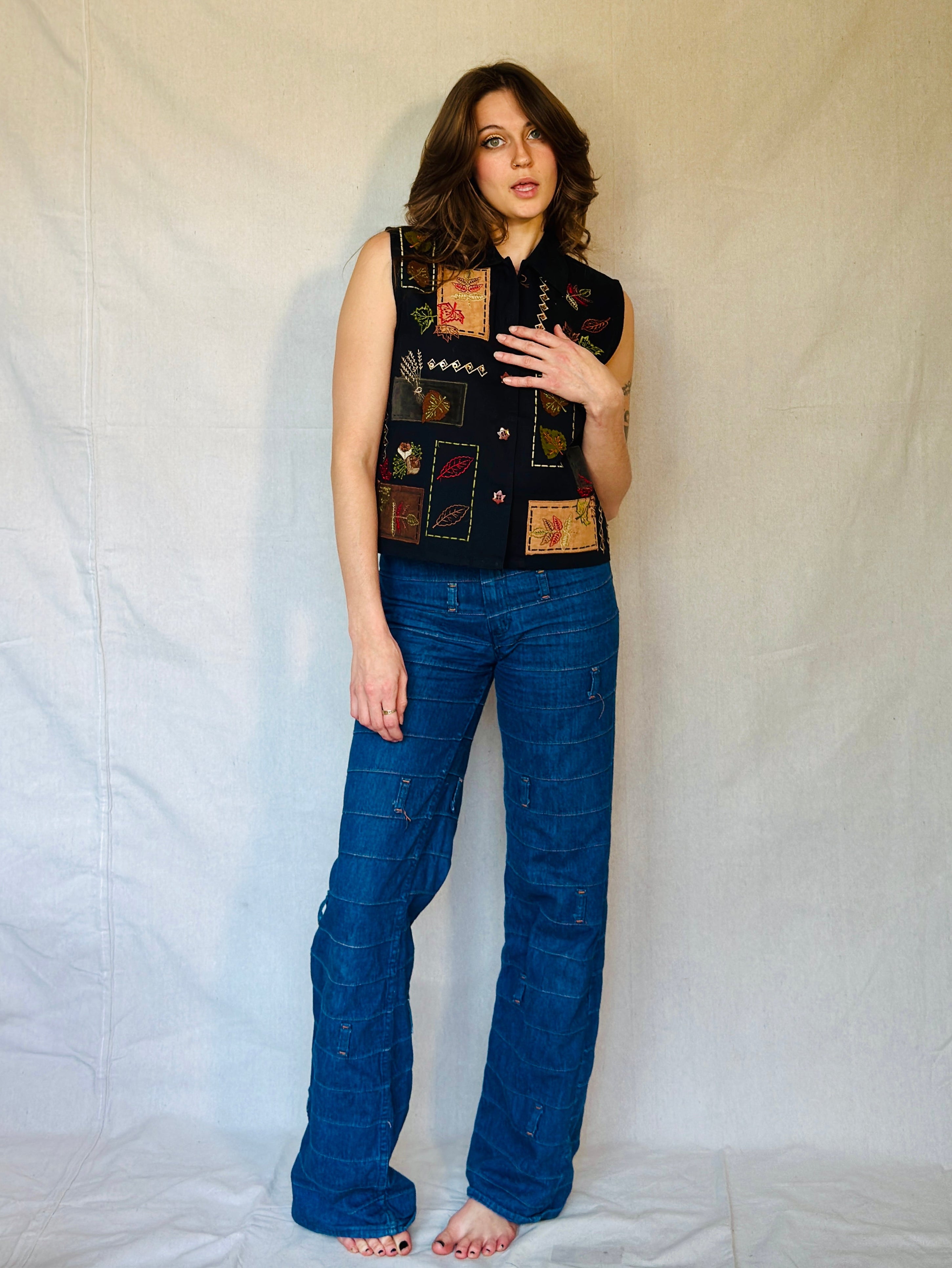 90s Black Fall Patchwork Button Up Vest