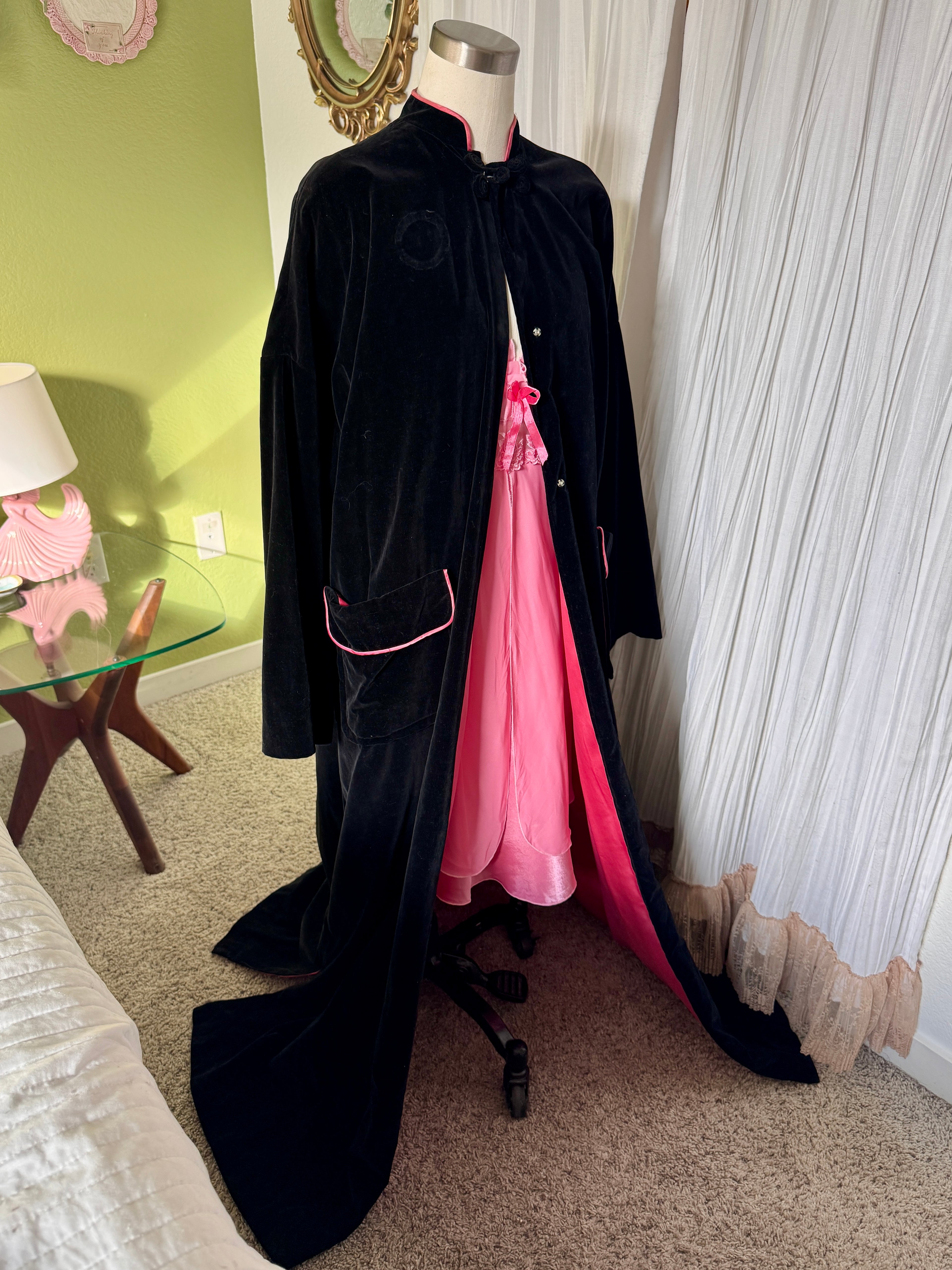 50s Black Velvet Pink Lined Smoking Jacket Duster Coat