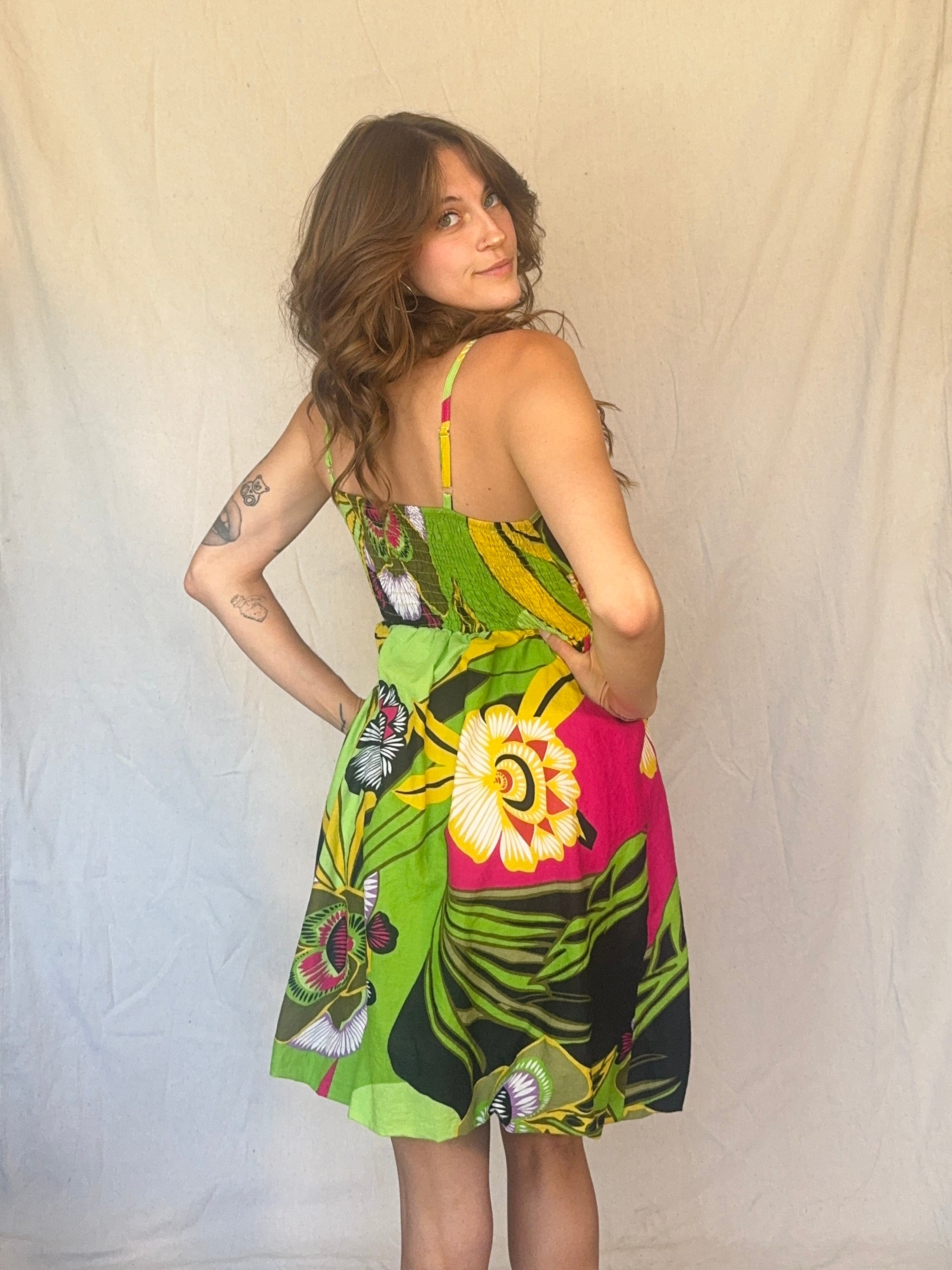 Y2K Green and Pink Cotton Floral Strappy Sun Dress