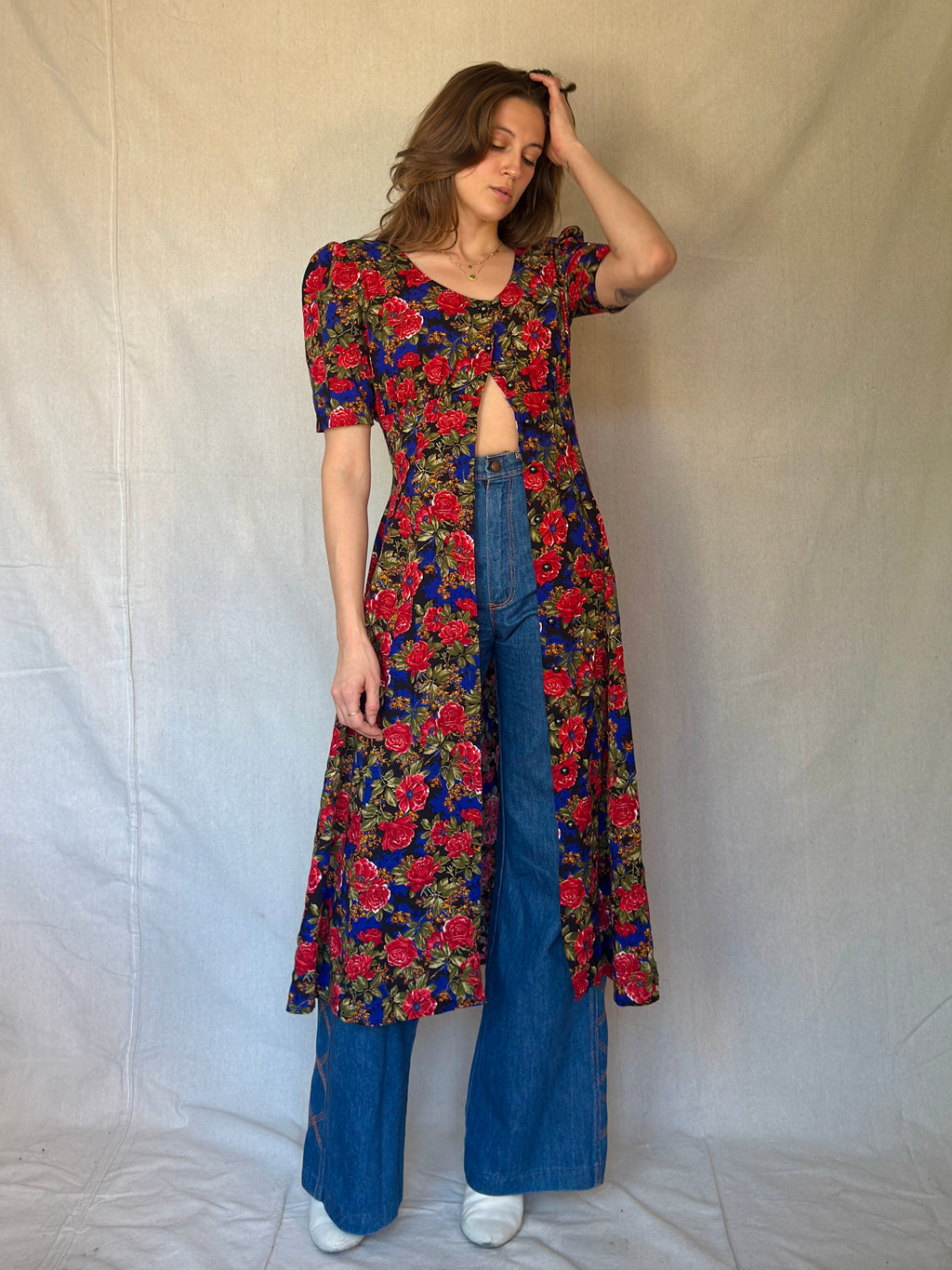 80s Blue Floral Print Button Dress