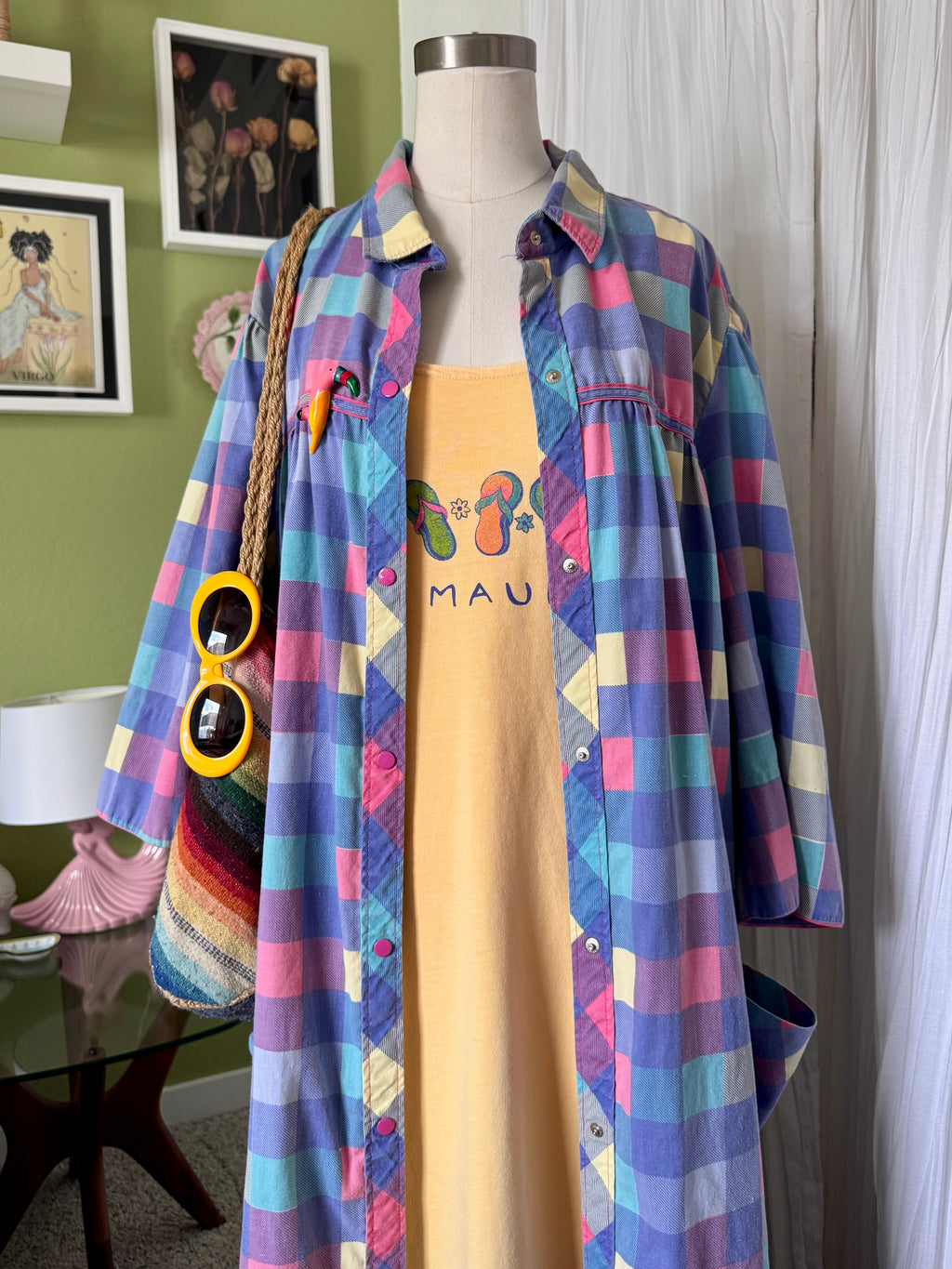 80s Purple Color Block Pearl Snap Duster Housecoat