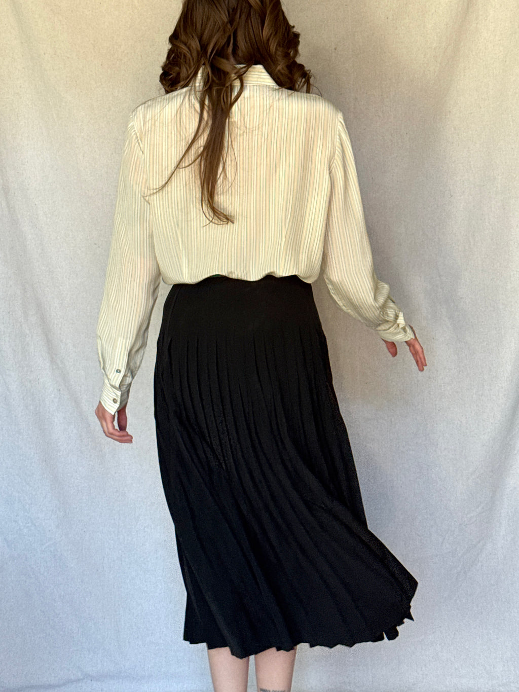 70s St. Martin Black Silk Pleated Midi Skirt
