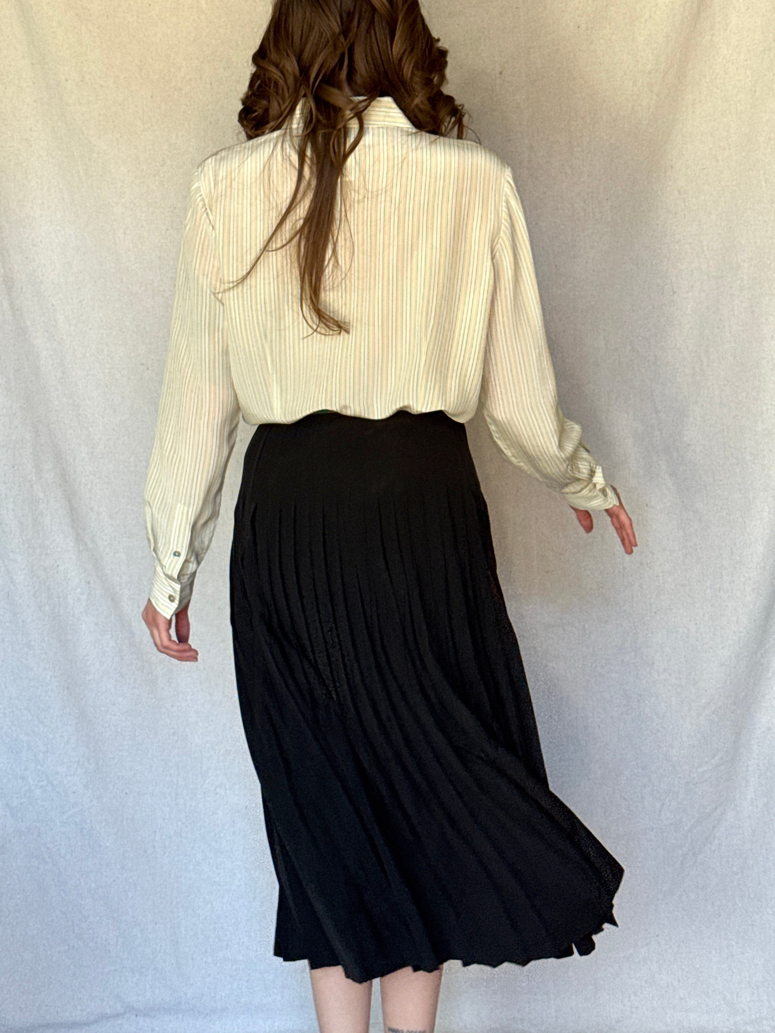 70s St. Martin Black Silk Pleated Midi Skirt