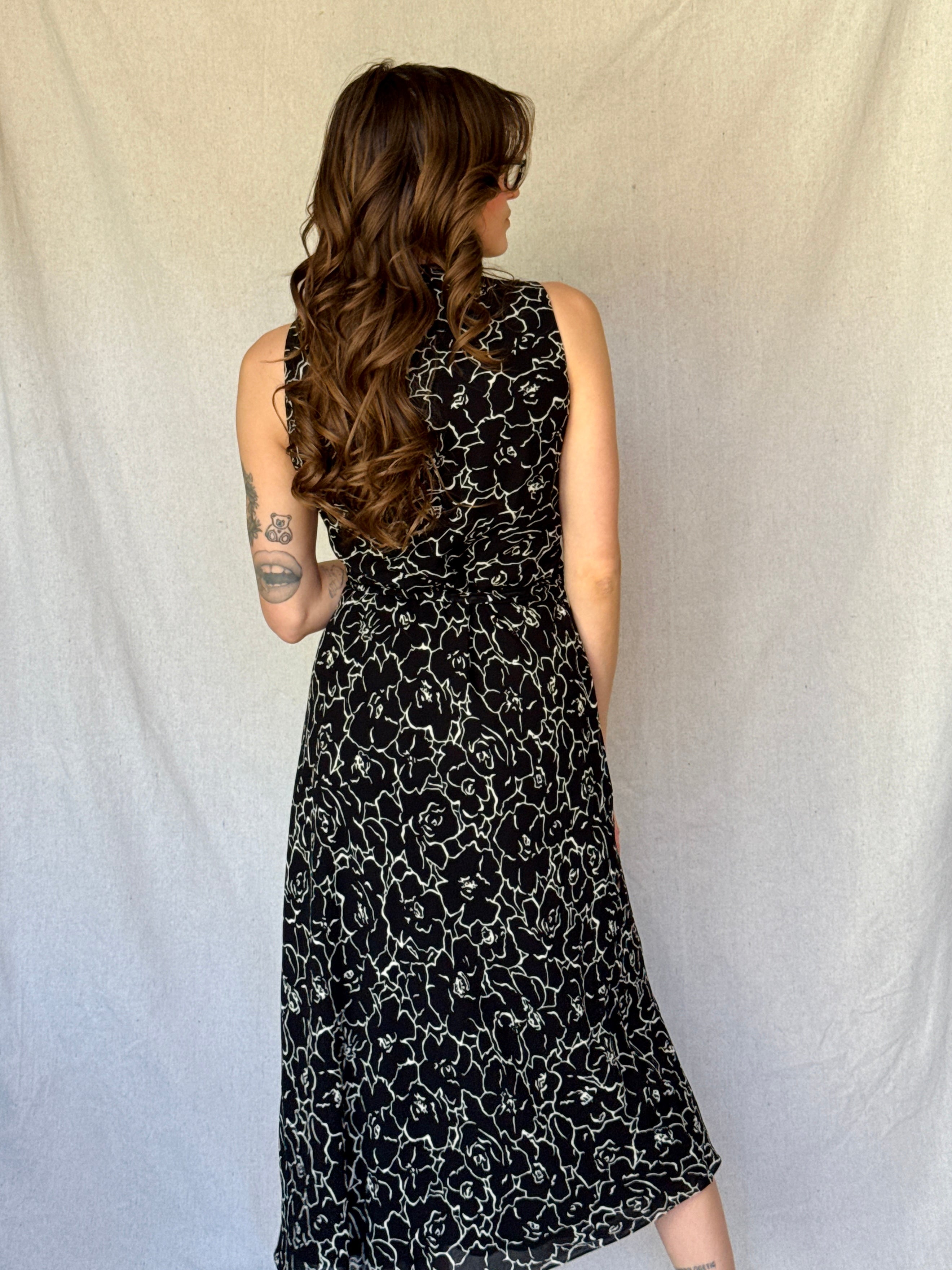 90s Black Floral Sleeveless Wrap Dress