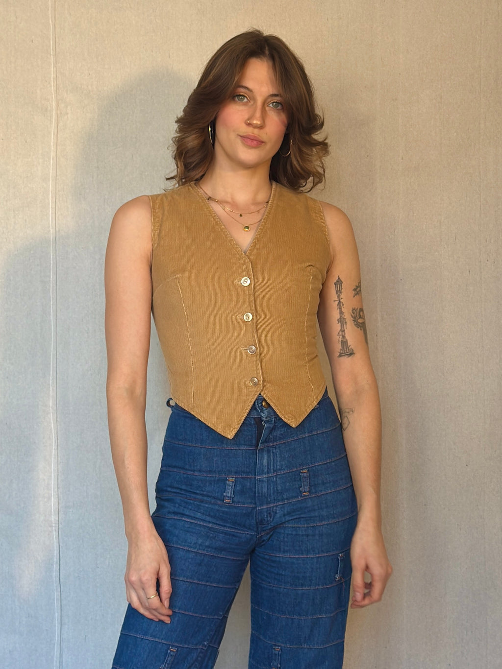 80s Tan Corduroy Button Up Vest